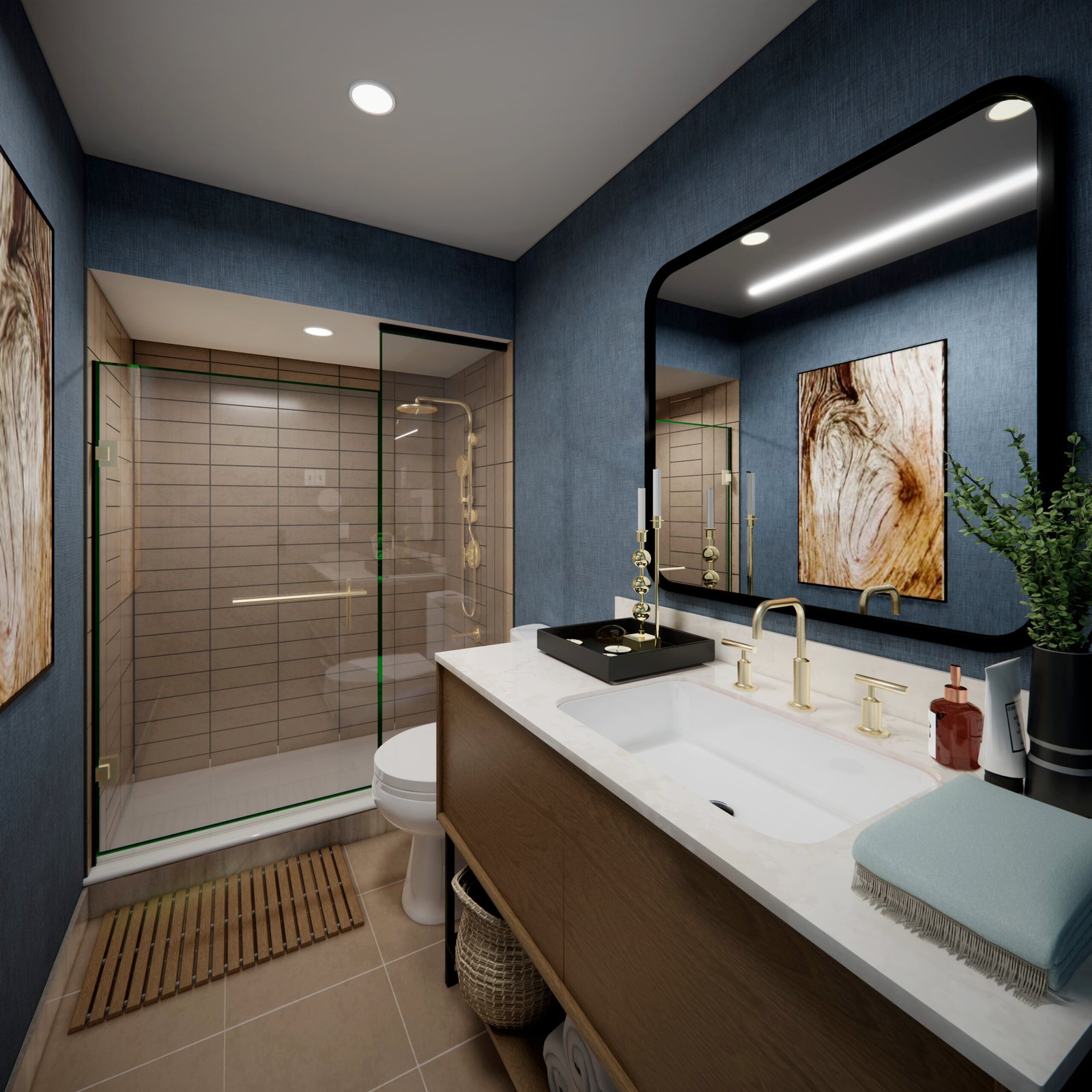 Modern bathroom interior 3D rendering with vanity sink, mirror lighting, and glass shower enclosure. – 3D rendering by Yantram Studio