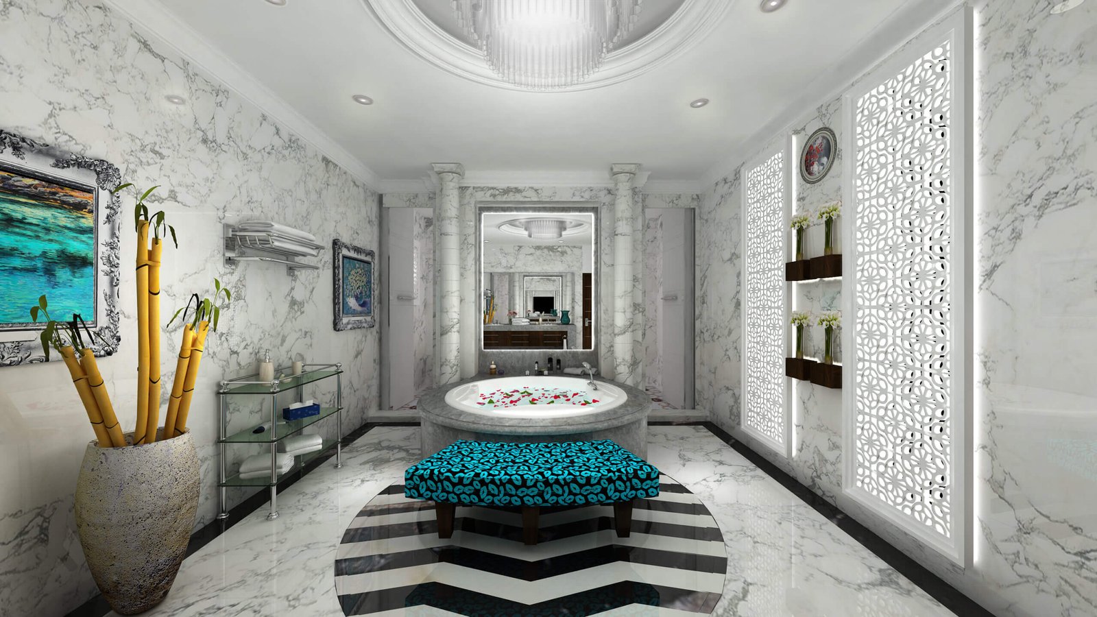 Modern Marble Bathroom with Statement Bathtub Luxury marble bathroom interior with central bathtub, geometric platform steps, backlit wall panel, and modern decor accents.