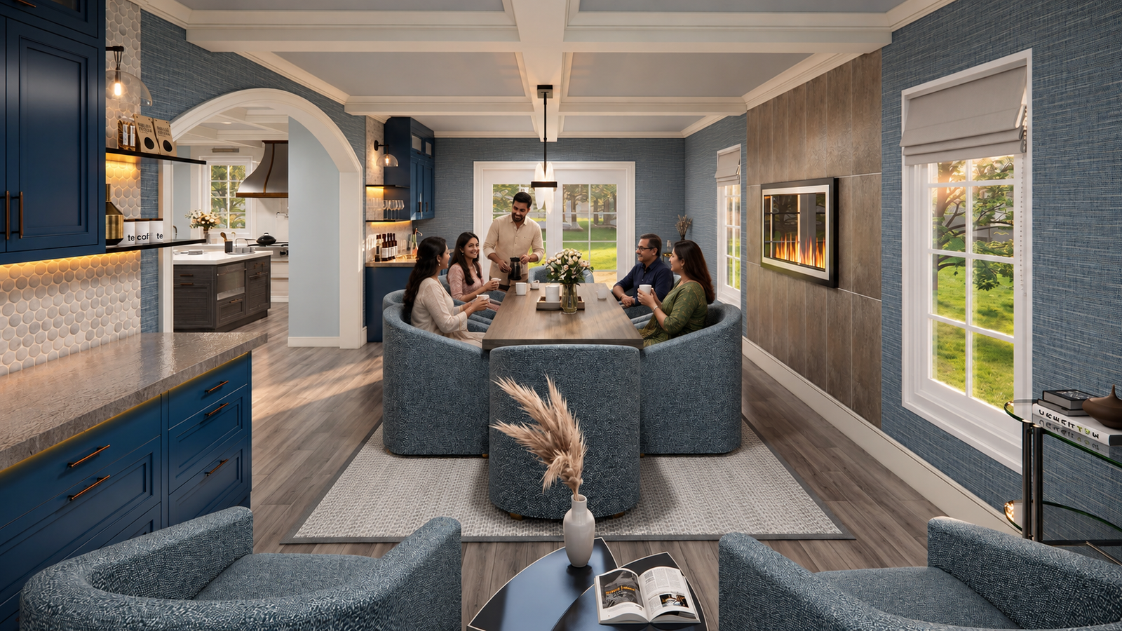 Contemporary dining room with upholstered gray chairs, wooden dining table, blue built-in bar cabinetry, coffered ceiling, arched doorway, and soft ambient lighting.– 3D architectural visualization Yantram Studio