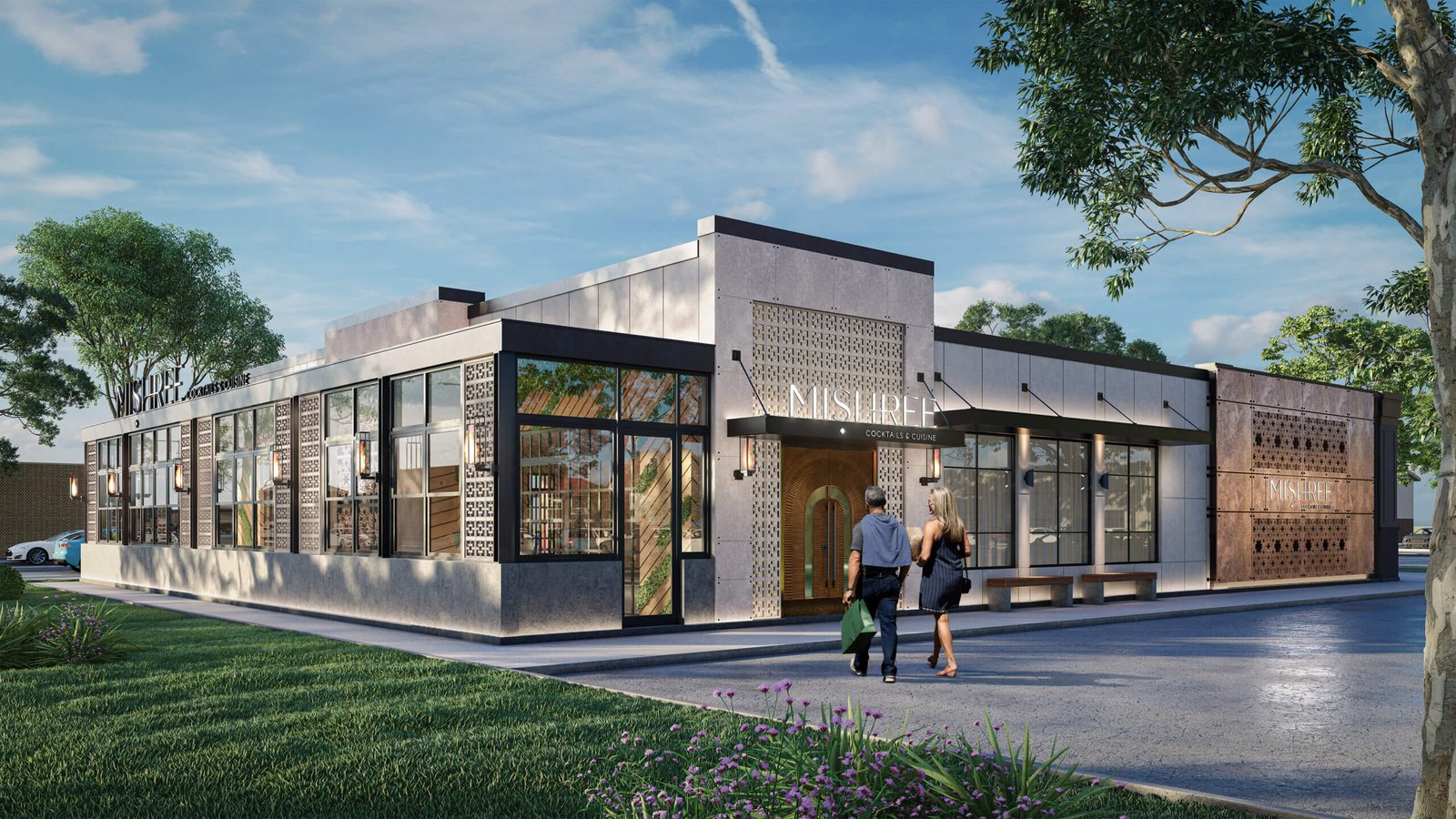 Contemporary Café Exterior with Perforated Façade Panels and Glass Frontage Modern single-story café building with large glass windows, perforated metal façade panels, landscaped surroundings, and pedestrians walking along the entrance pathway.