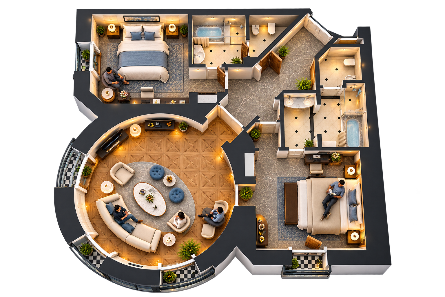 3D overhead floor plan rendering showing circular living area with seating, bedroom, kitchen, and bathrooms with warm lighting and materials