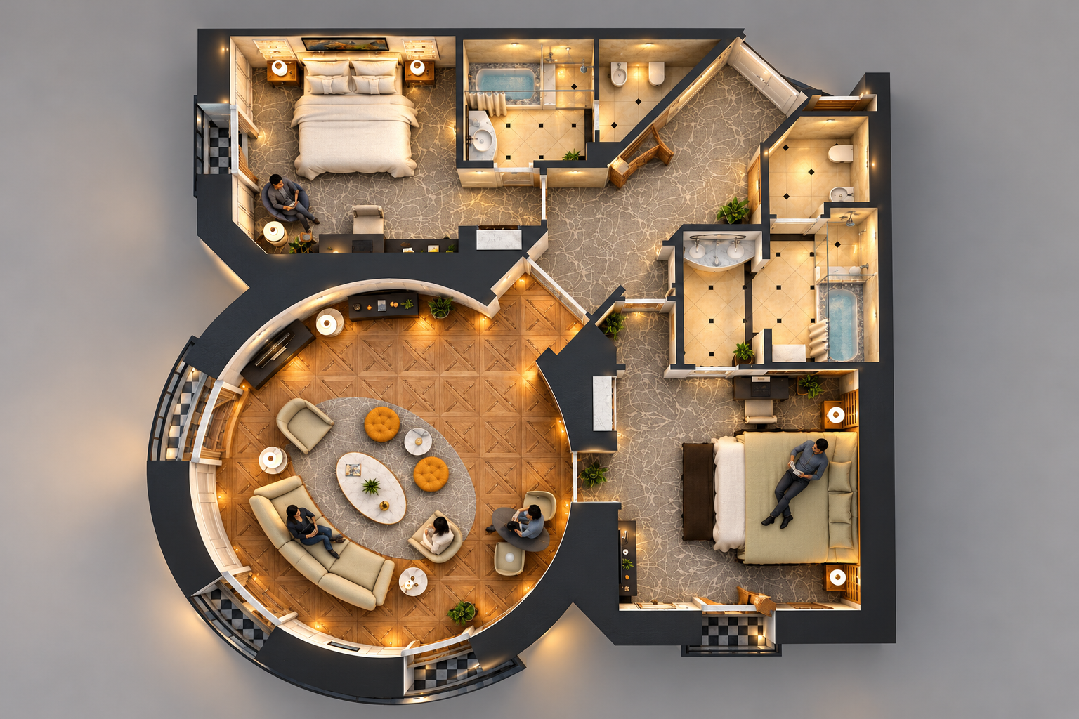 Curved-entry residential floor plan rendering with circular central gathering space
