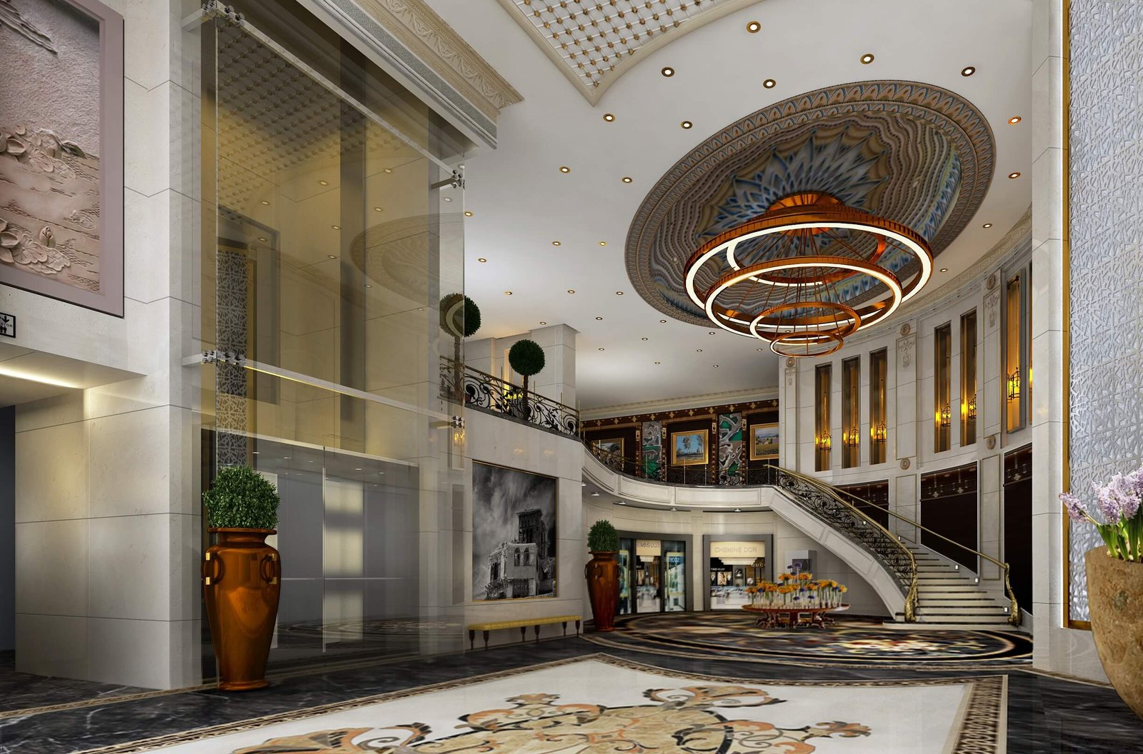 Elegant Grand Hotel Lobby Interior Design Luxurious hotel lobby interior with grand chandelier, curved staircase, marble flooring, and classical wall detailing.