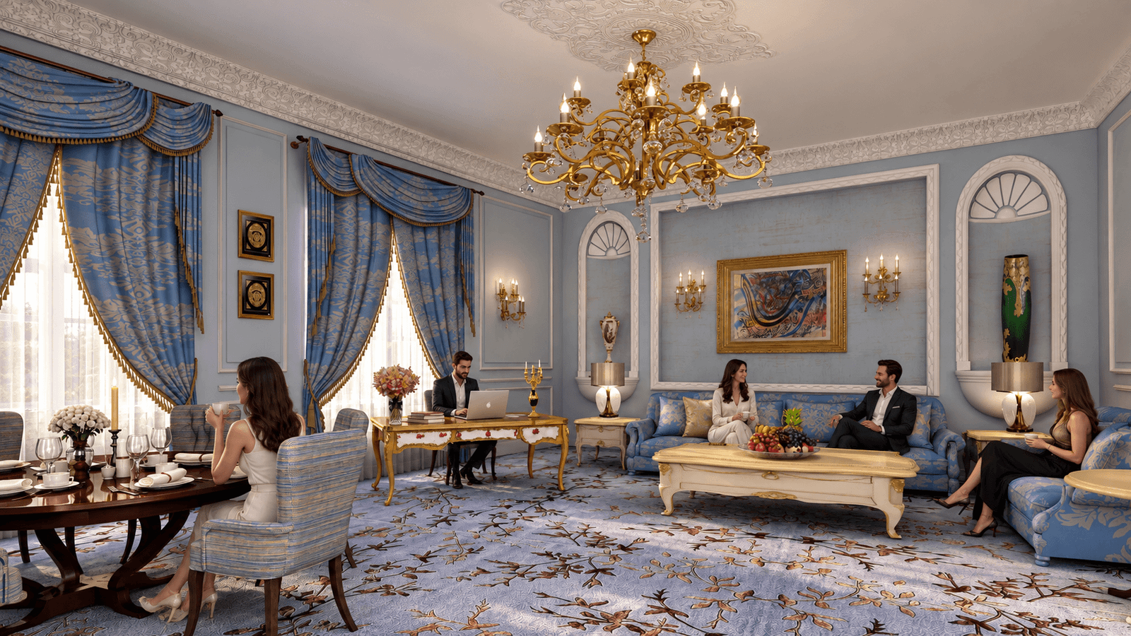 Classic luxury living room interior with blue sofas, gold chandelier, ornate curtains, and decorative wall moldings. – 3D architectural visualization by Yantram Studio