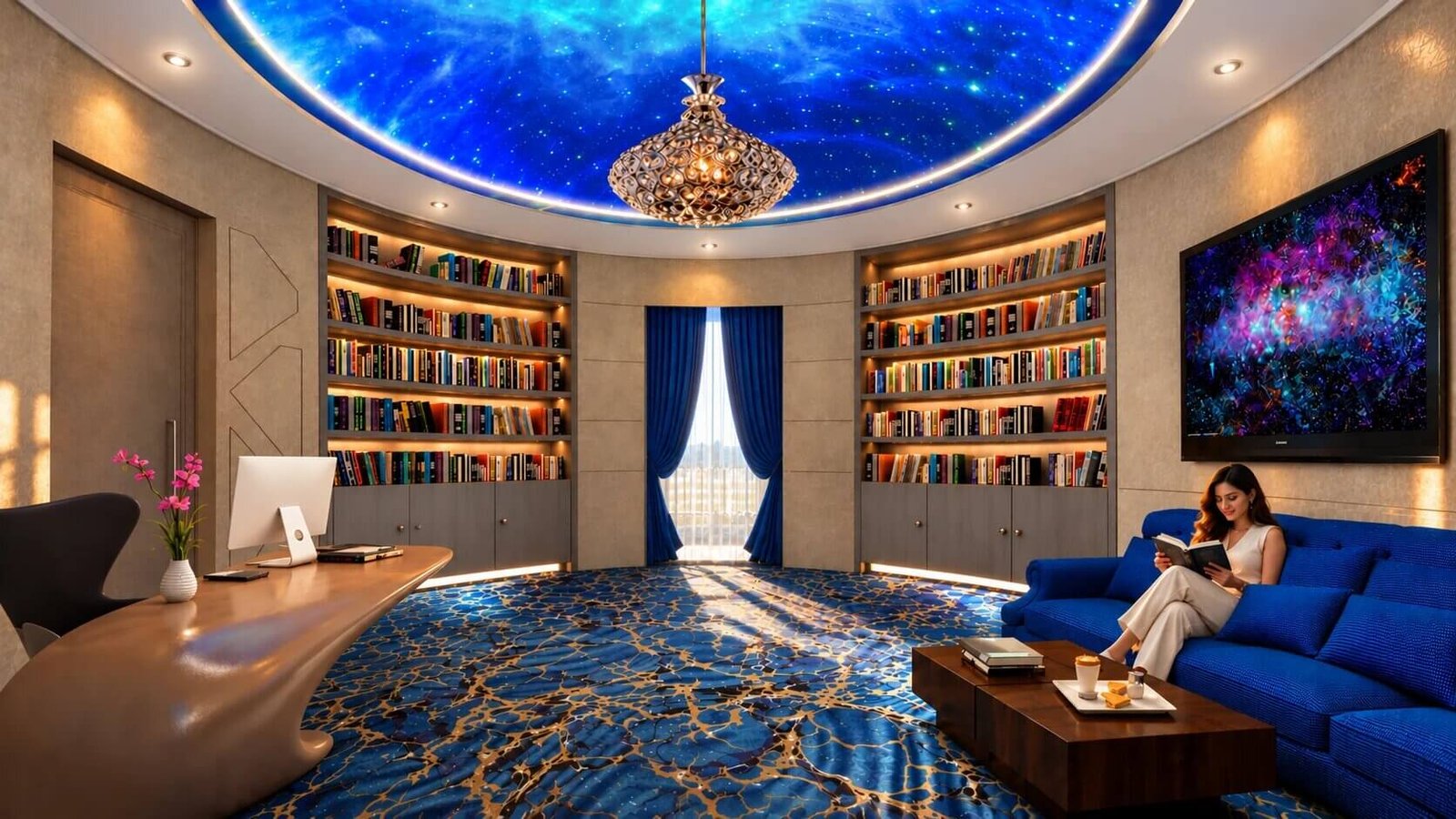 Luxurious office space with a blue theme and chandelier — Cinematic Interior 3D Rendering