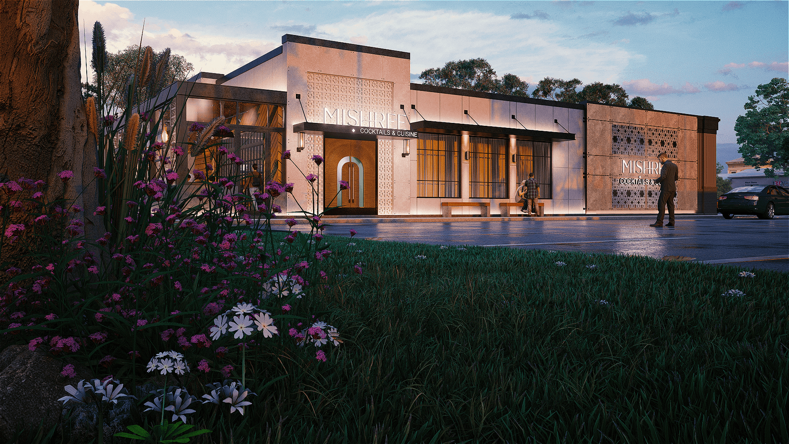 Modern Boutique Restaurant Exterior with Warm Ambient Façade Lighting Contemporary single-story restaurant exterior at dusk featuring warm façade lighting, textured stone walls, large glass windows, landscaped foreground, and pedestrian entrance.