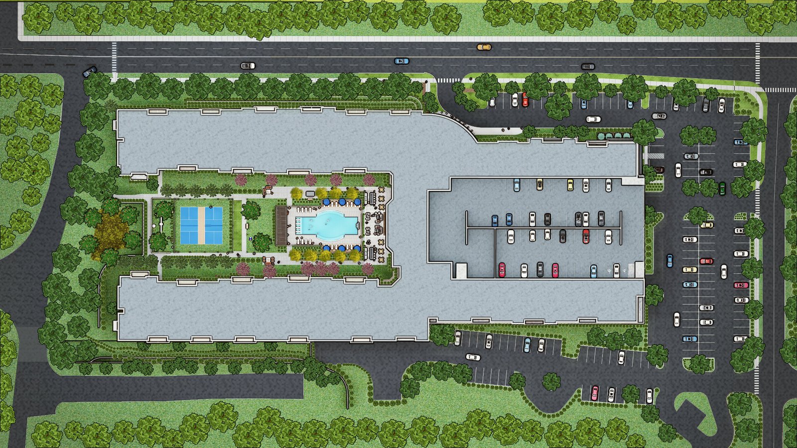 Residential Apartment Site Plan 3D Top View Rendering | Landscape & Masterplan Visualization Top view 3D site plan rendering of a residential apartment complex with parking areas, swimming pool, tennis court, landscaped gardens, and internal roads.