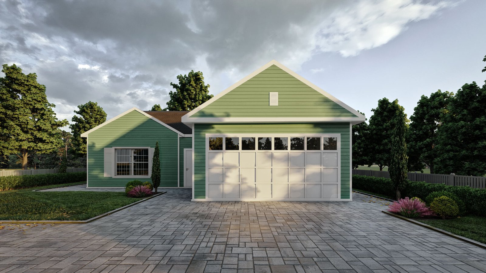 Photorealistic 3D rendering of a modern suburban house with green siding, garage door, paved driveway, and landscaped front yard.,