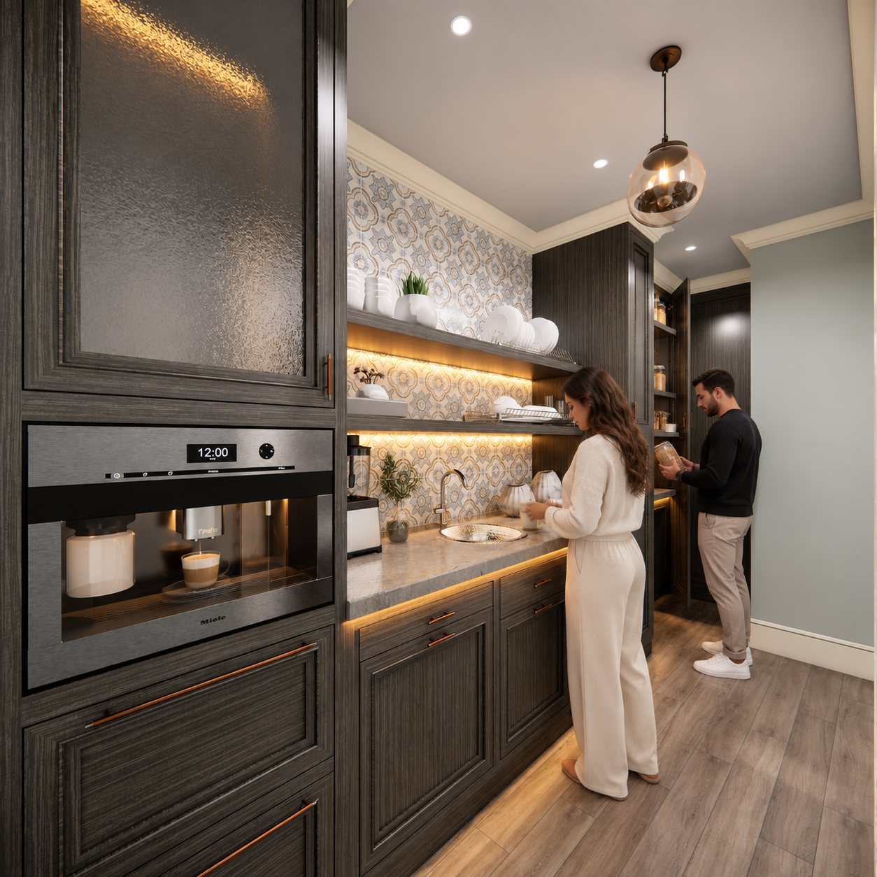 Contemporary butler’s pantry featuring dark textured cabinetry, built-in oven, open floating shelves with warm LED lighting, patterned backsplash, stone countertop, and wood-look flooring.– 3D exterior rendering by Yantram Studio