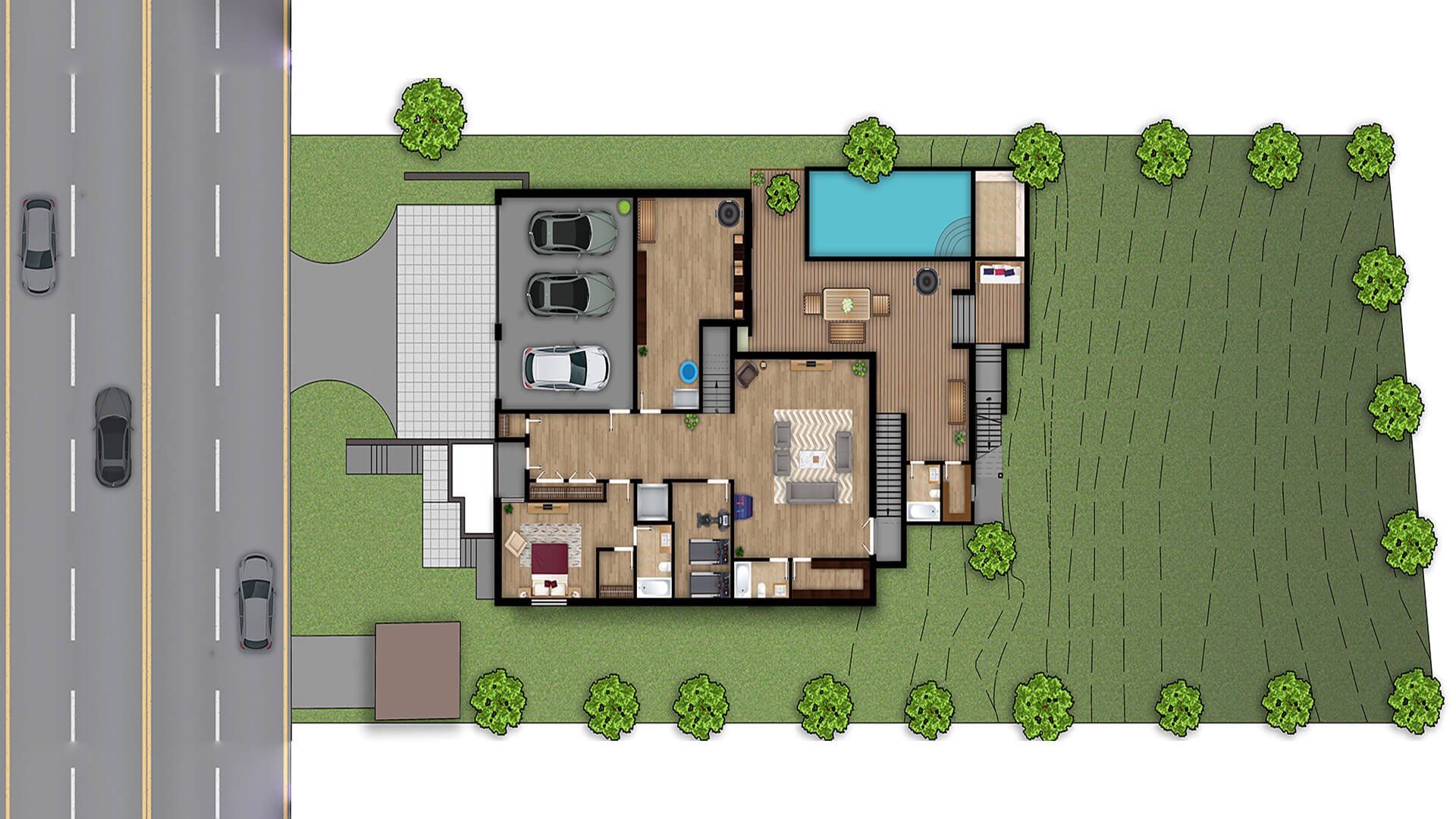 Seamless Harmony: Yantram Architectural Design Studio Presents a Stunning ​2D Color floor plan Residential House in Texas, USA