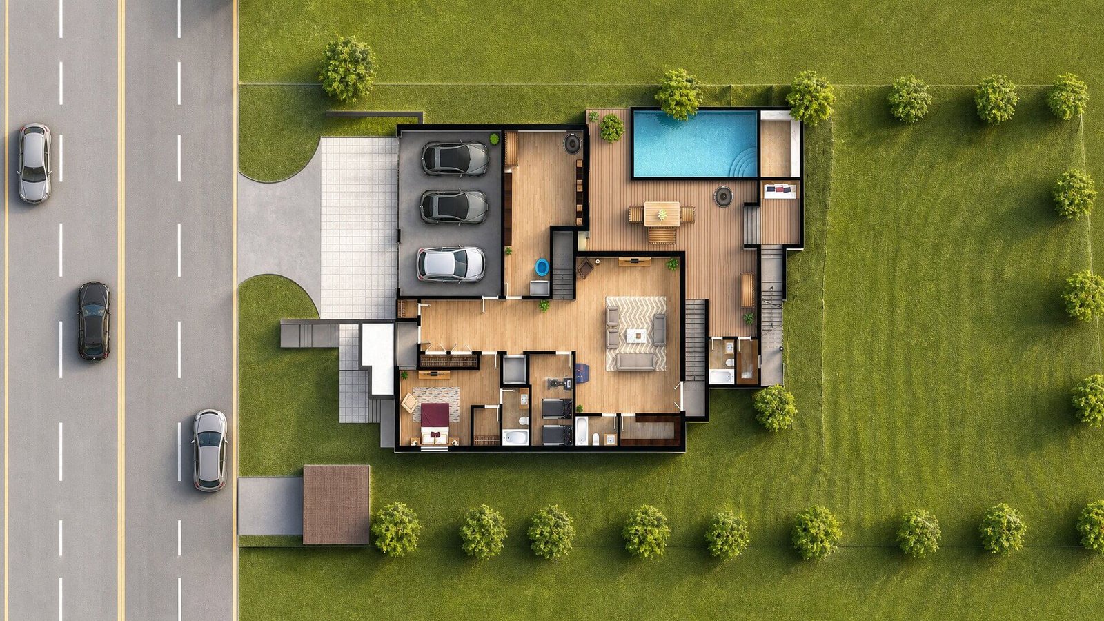 Modern Residential House Floor Plan 3D Top View | Architectural Floor Plan Rendering Top view 3D floor plan rendering of a modern residential house with parking area, garden lawn, swimming pool, and landscaped surroundings.