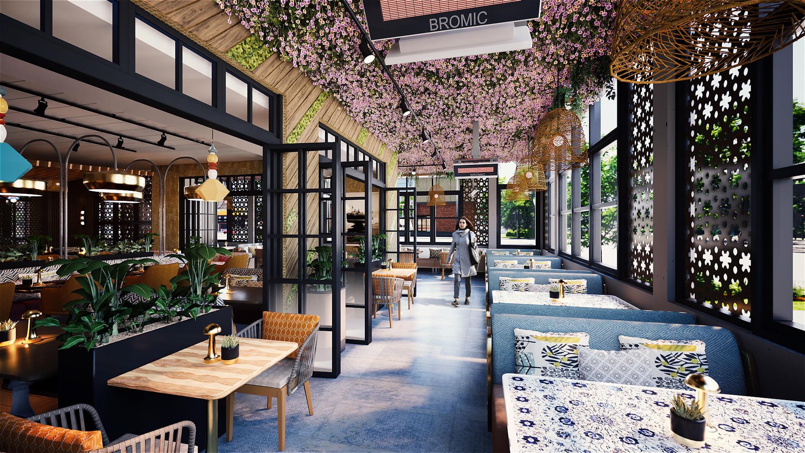Biophilic Restaurant Interior with Floral Ceiling and Indoor-Outdoor Design Modern restaurant interior with floral ceiling installation, large glass windows, patterned partitions, upholstered booth seating, and warm pendant lighting.