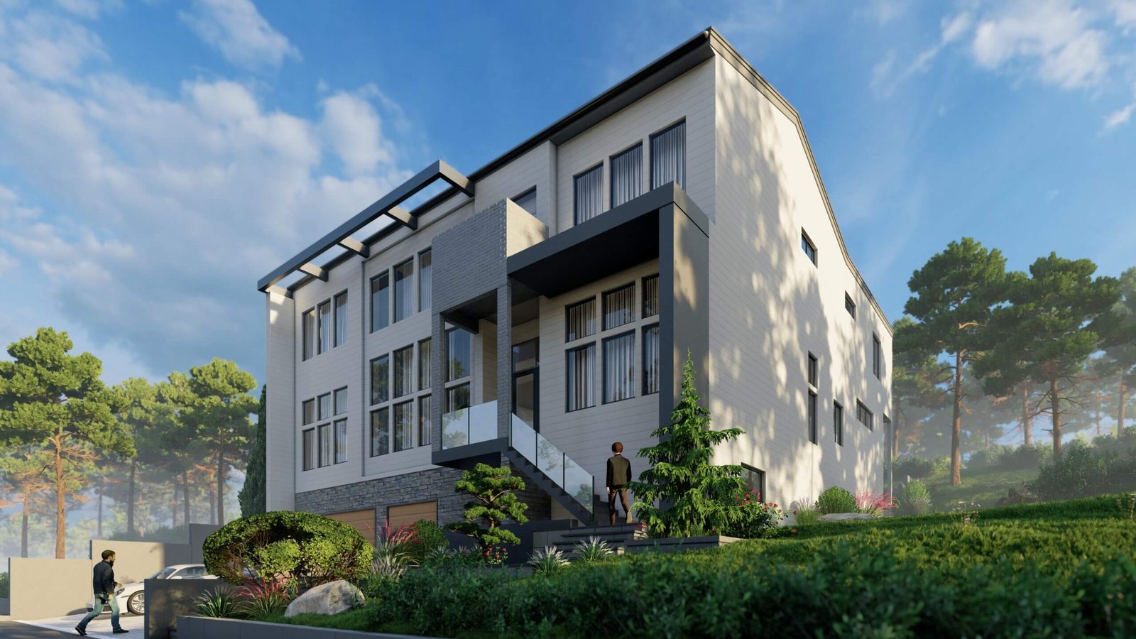 Contemporary multi-story residential building with flat roof, large windows, balcony, exterior staircase, landscaped surroundings, and modern façade design.