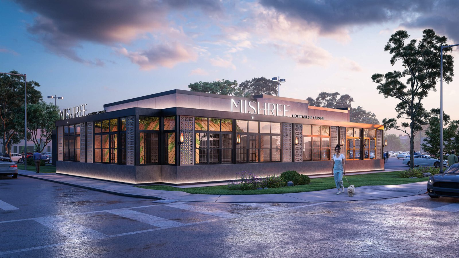 Modern Corner Restaurant Exterior with Contemporary Glass Façade Modern single-story restaurant building on a corner lot with large glass façade, warm interior lighting, flat roof design, landscaped edges, and evening sky ambiance.