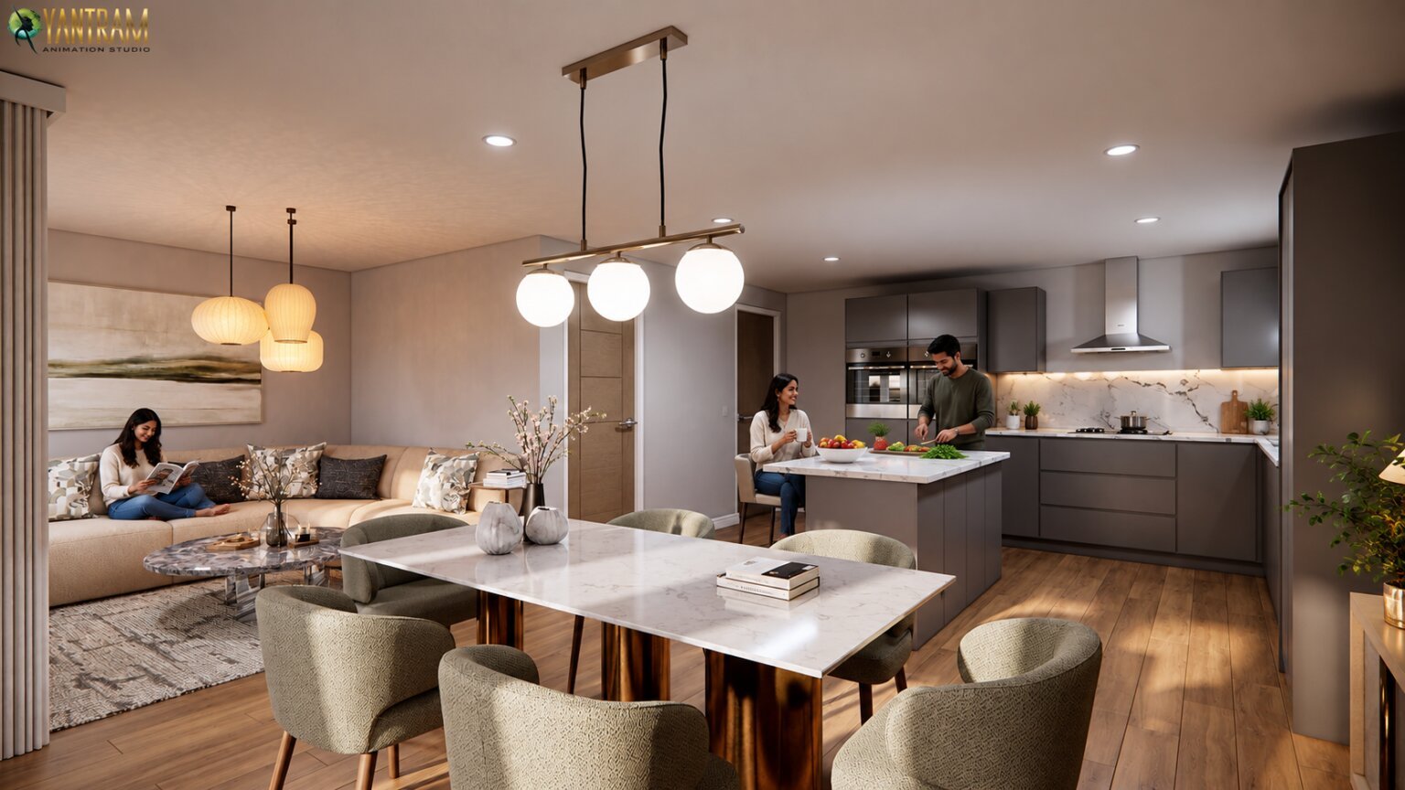 rendering modern studio visualization animation services design Idea company companies firms agency interior dining area kitchen living room architectural