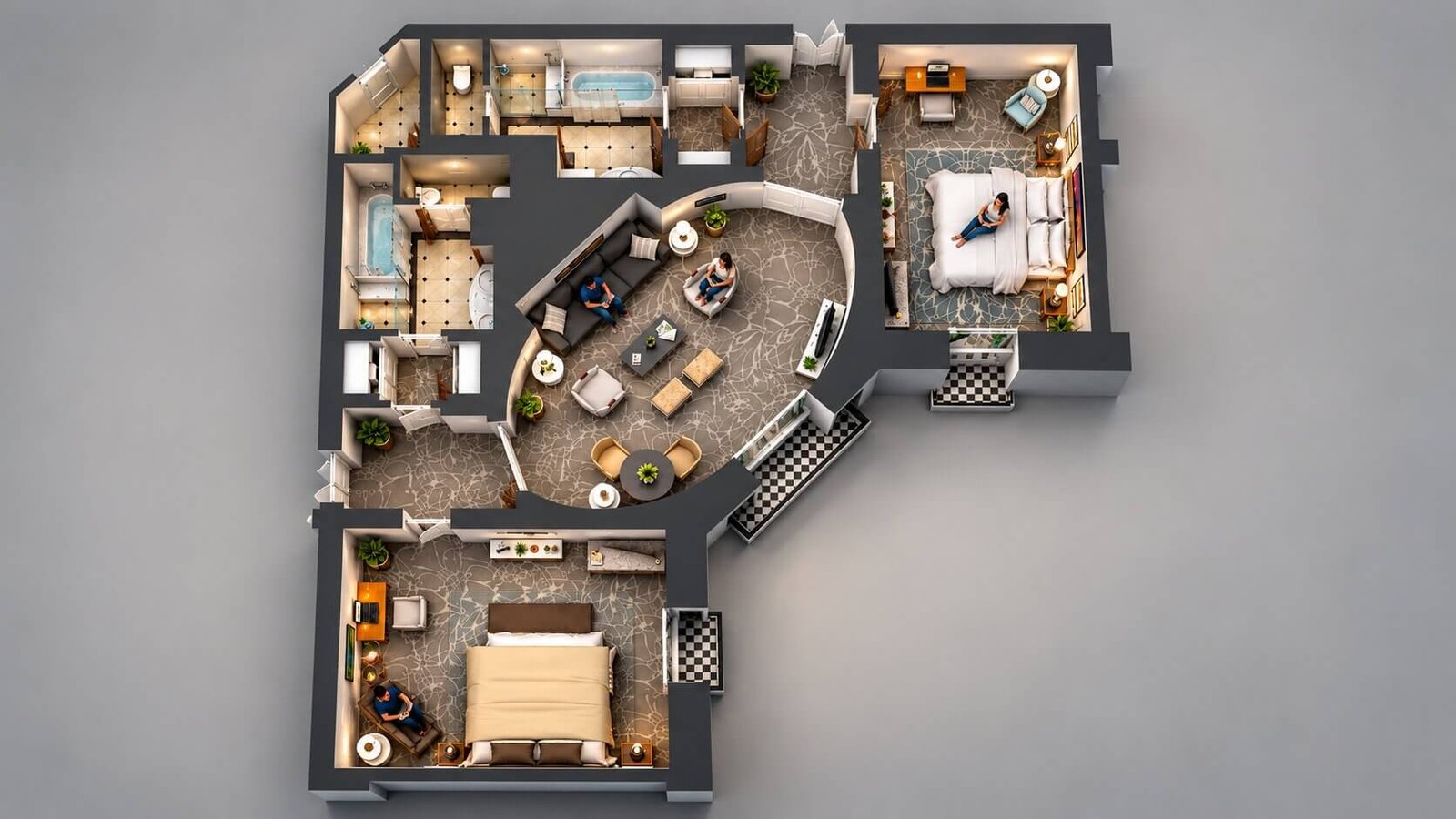3D floor plan of a 2-bedroom residential layout