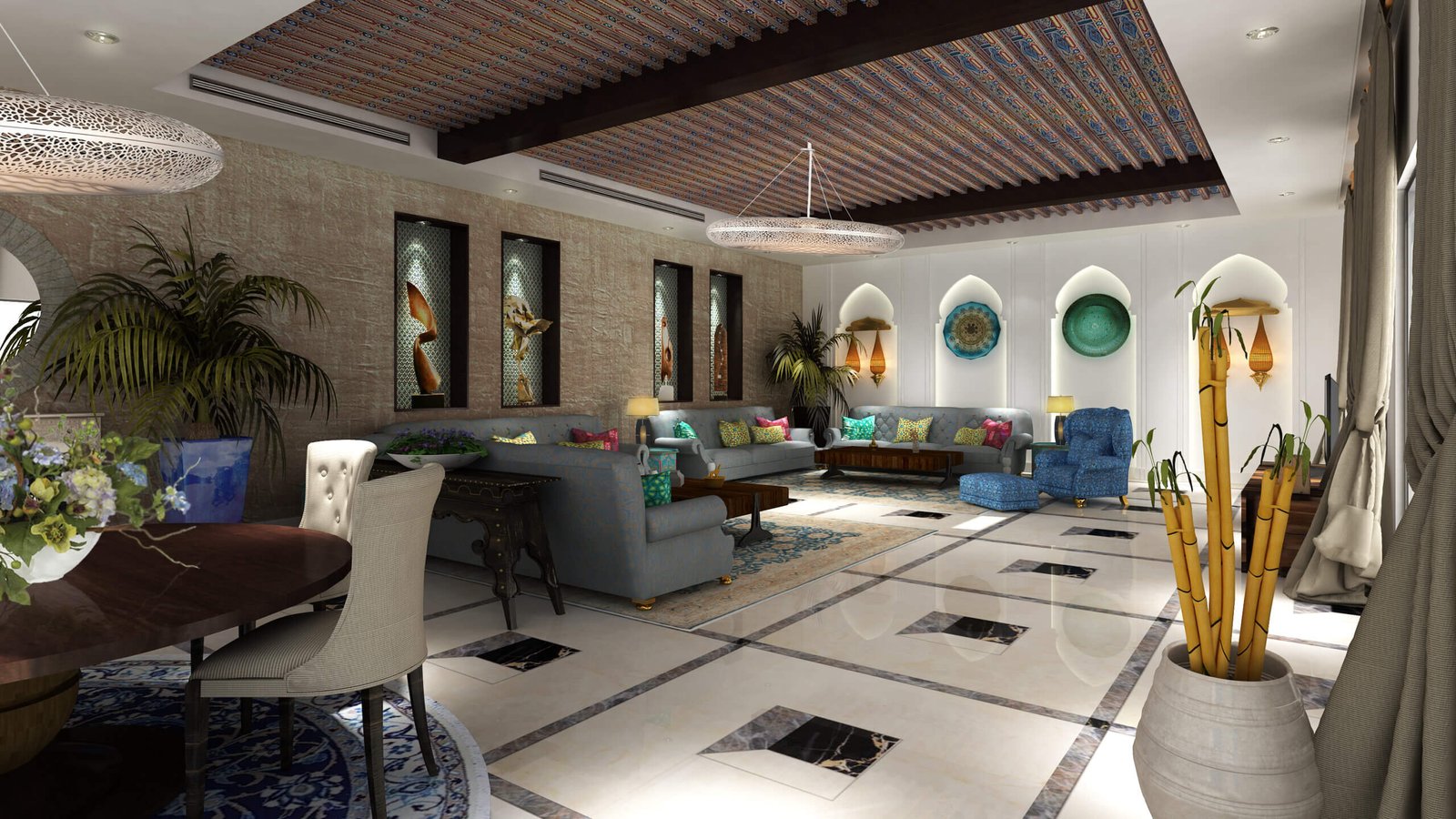 Contemporary Luxury Living Room Design Modern luxury living room interior with wooden ceiling panels, sectional sofa, marble flooring, and decorative wall niches.