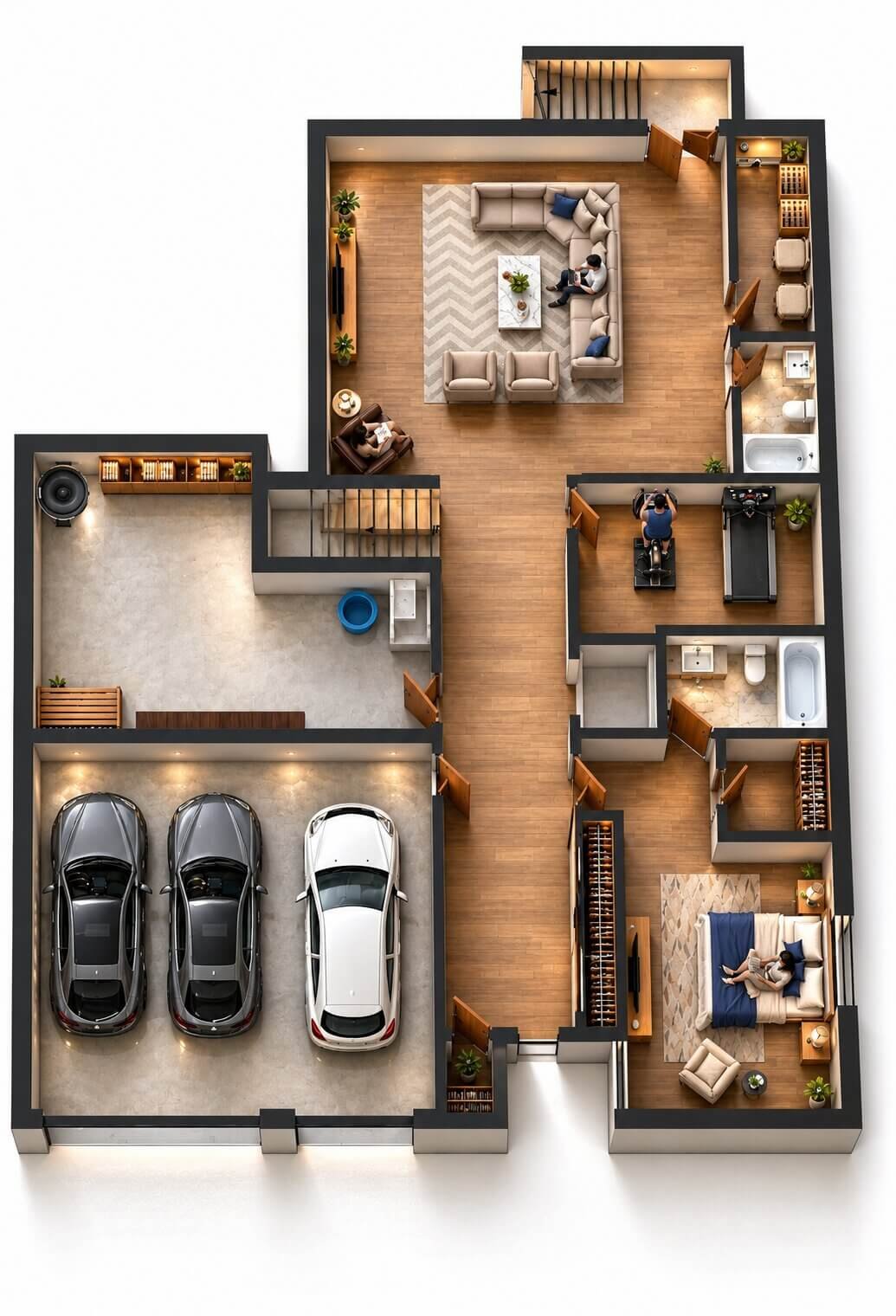 Cutaway 3D floor plan view showing three-car garage, central hallway, master bedroom, and fitness room — Contemporary Apartment Rendering