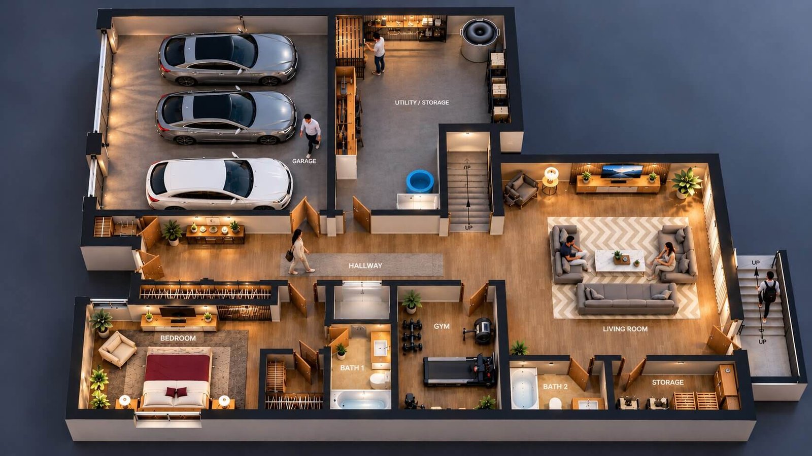 3D isometric house floor plan rendering showing interior rooms, furniture layout, and landscaped surroundings.