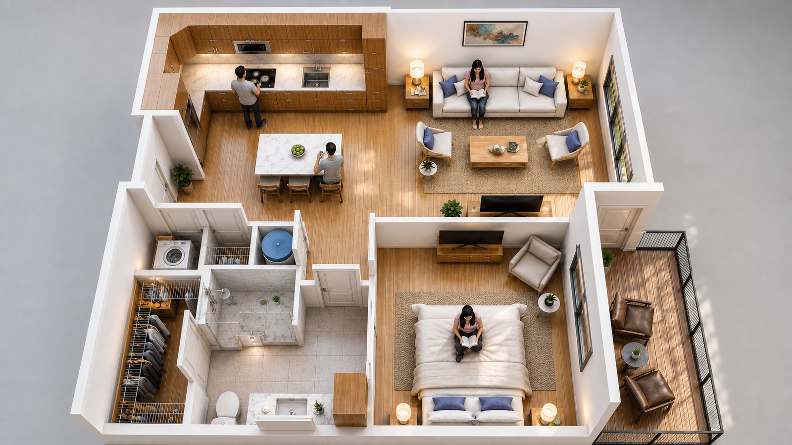 Single-floor 3D floor plan showing living room, bedrooms and kitchen arrangement with furniture