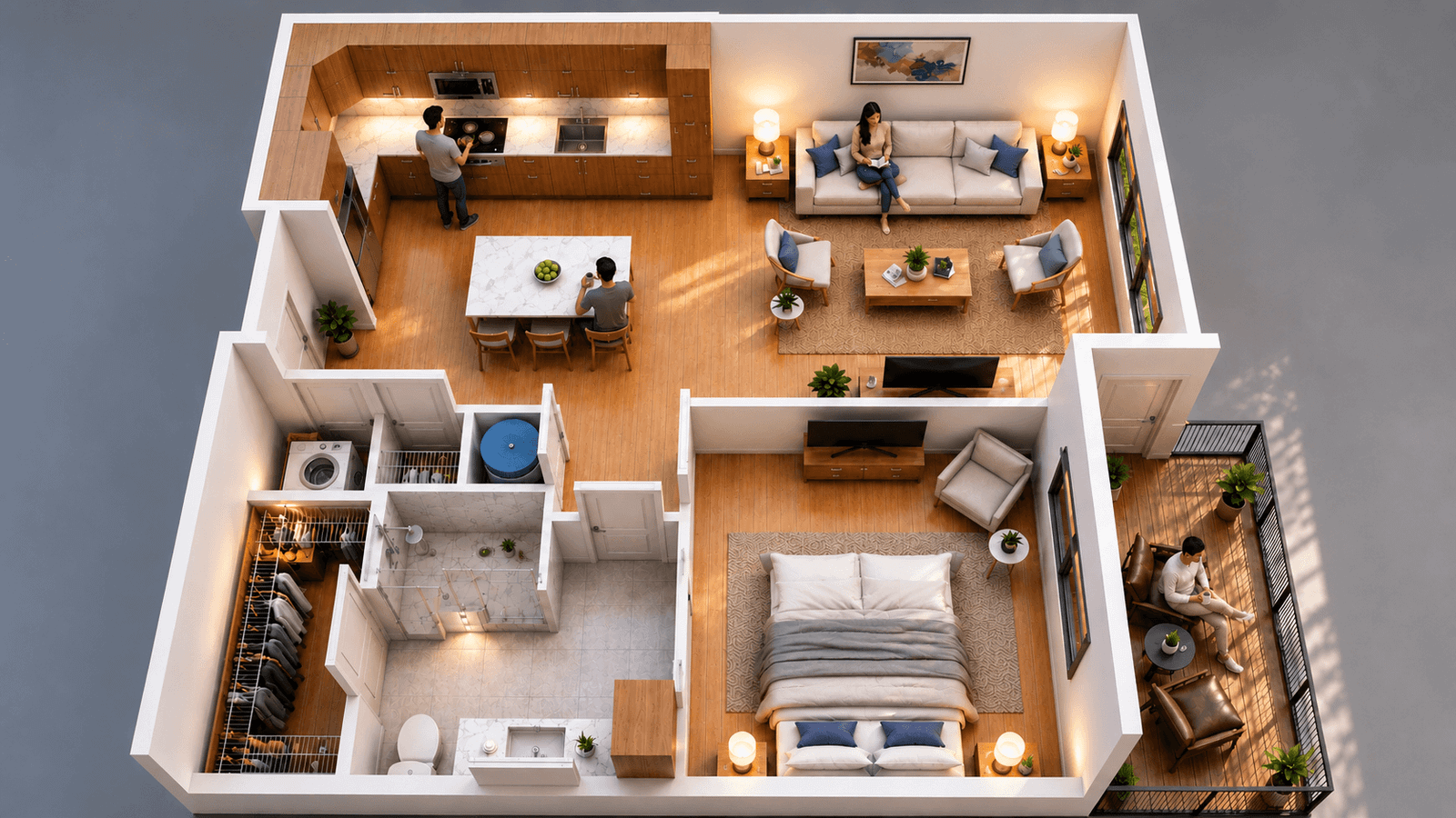 3D floor plan layout for a modern open-concept villa in califonia