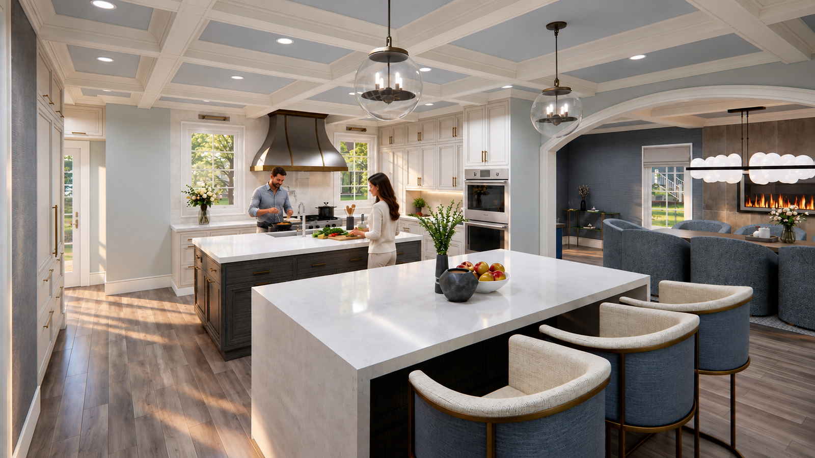 Modern transitional kitchen with large white quartz island, upholstered bar stools, pendant lighting, white cabinetry, and open living room with fireplace. – 3D visualization by Yantram Studio