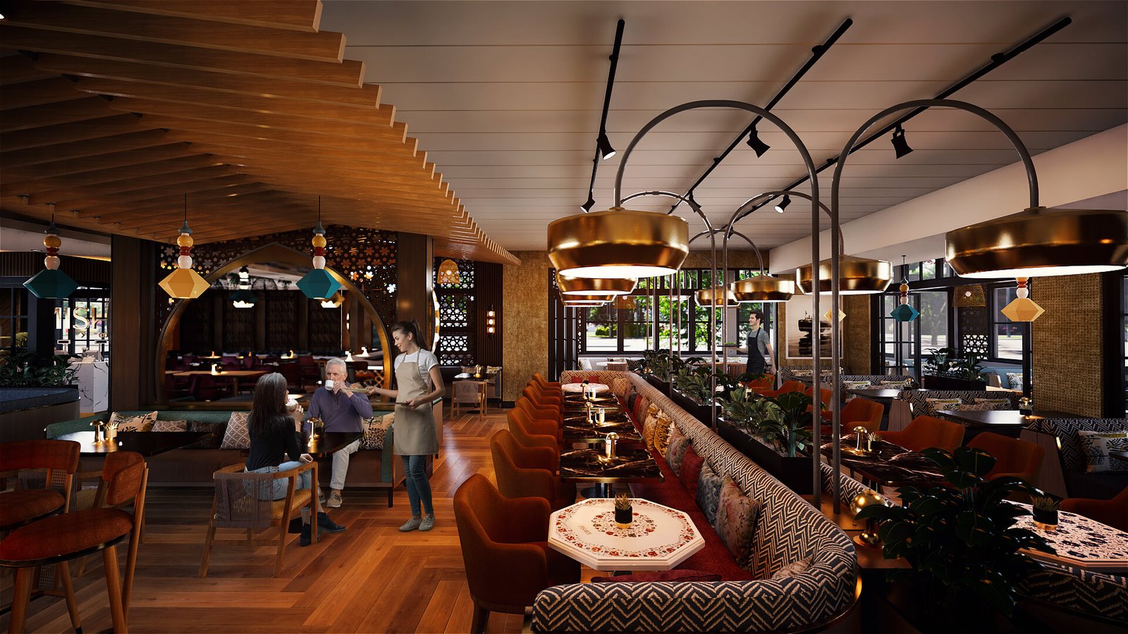 Upscale Contemporary Restaurant Interior with Curved Banquette Seating Modern upscale restaurant interior featuring curved upholstered banquette seating, wooden slatted ceiling, warm pendant lighting, indoor plants, and herringbone wood flooring.