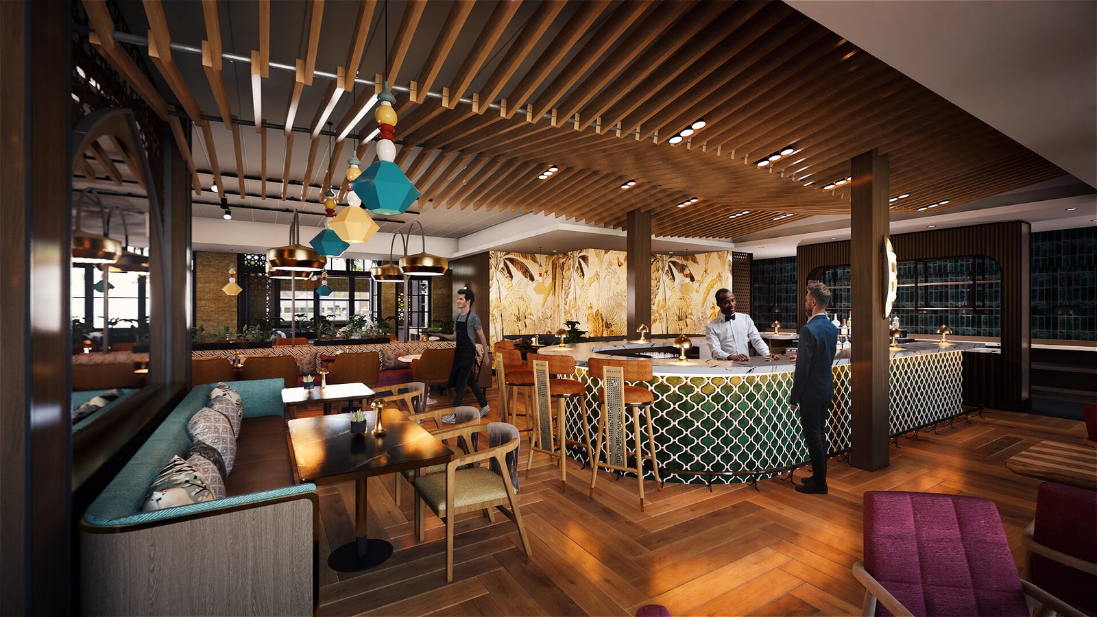 Luxury Restaurant Interior Visualization | 3D Interior Design Studio Rendering Luxury restaurant interior 3D rendering with wooden ceiling, bar counter, warm lighting, and modern seating arrangement