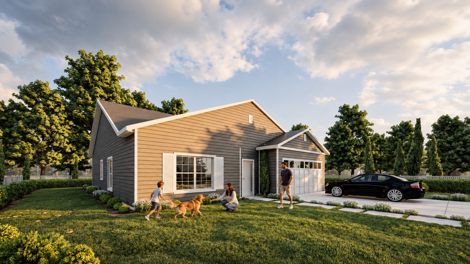 Contemporary Single-Story Home Exterior with Neutral Siding and Attached Garage Modern single-story house exterior with gray and beige siding, white garage door, landscaped lawn, gabled roof, and driveway with parked car.