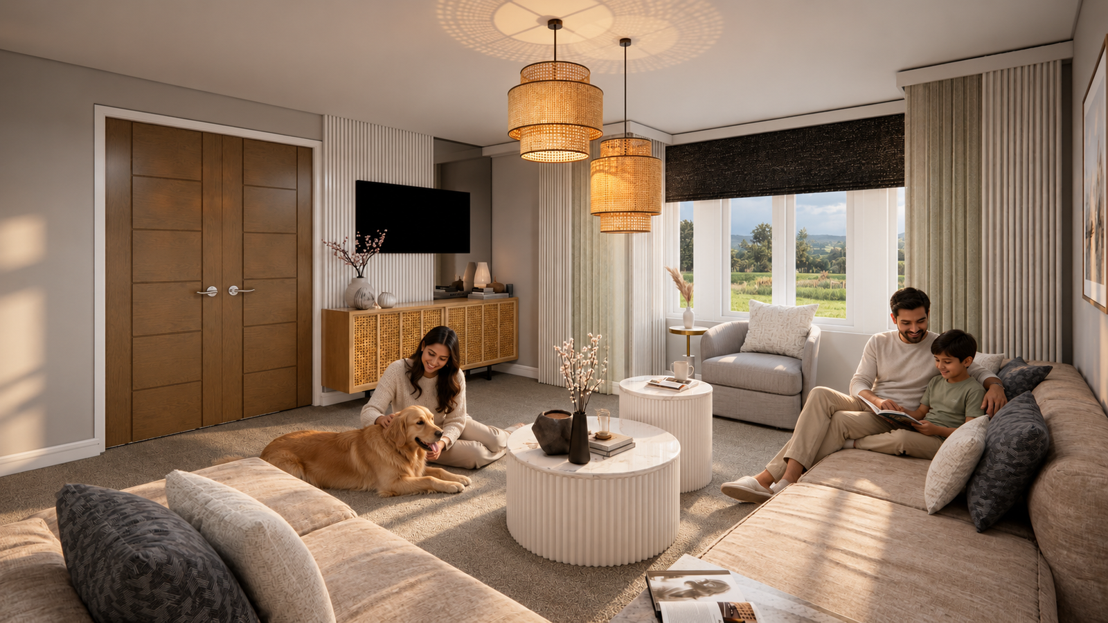 Contemporary living room with sectional sofas, round coffee tables, woven pendant lights, wall-mounted television, wooden media console, and large window with curtains.