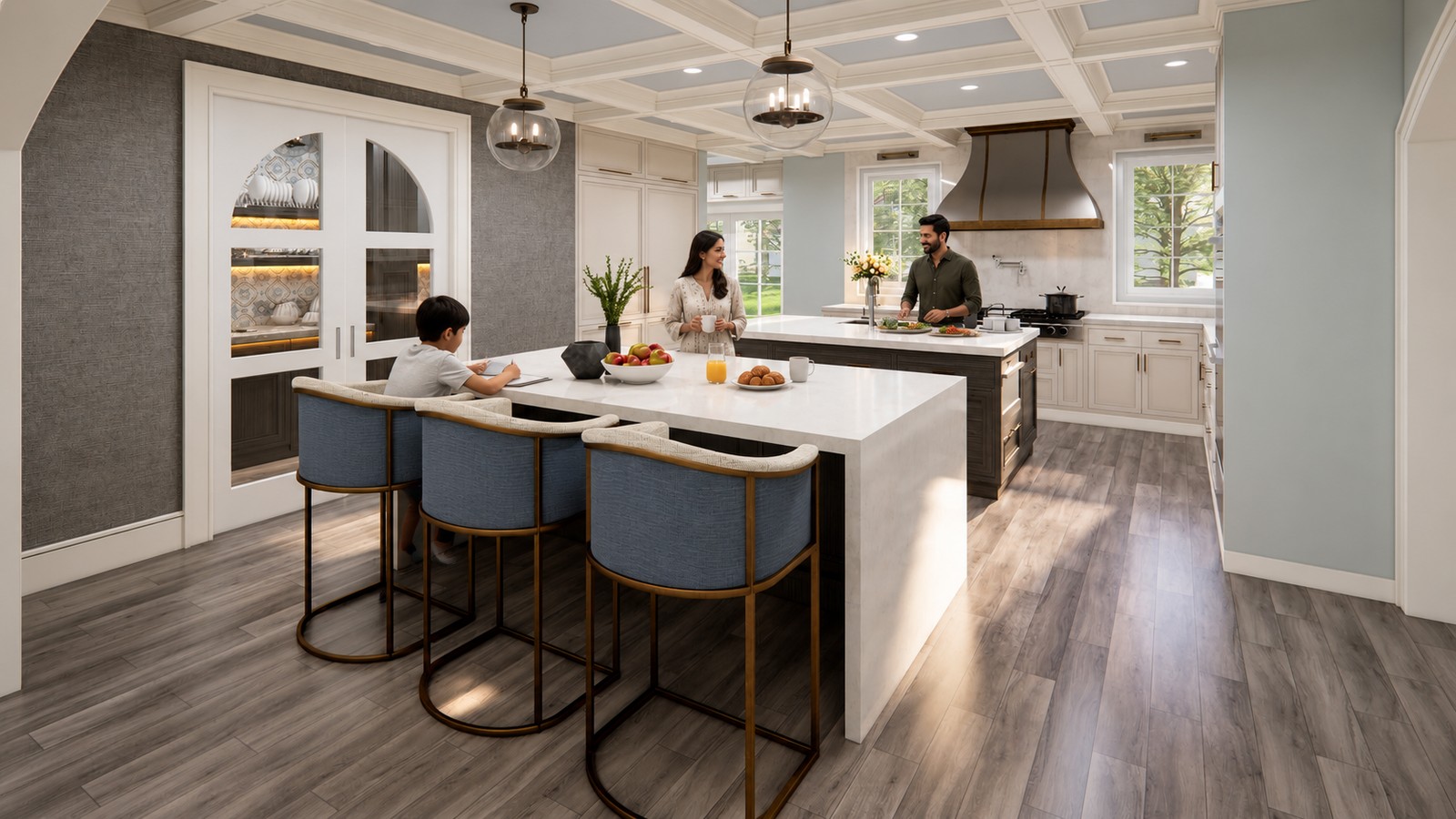 Contemporary white kitchen featuring a waterfall island countertop, blue upholstered bar stools, stainless steel range hood, pendant lighting, and gray wood flooring. – 3D rendering by Yantram Studio