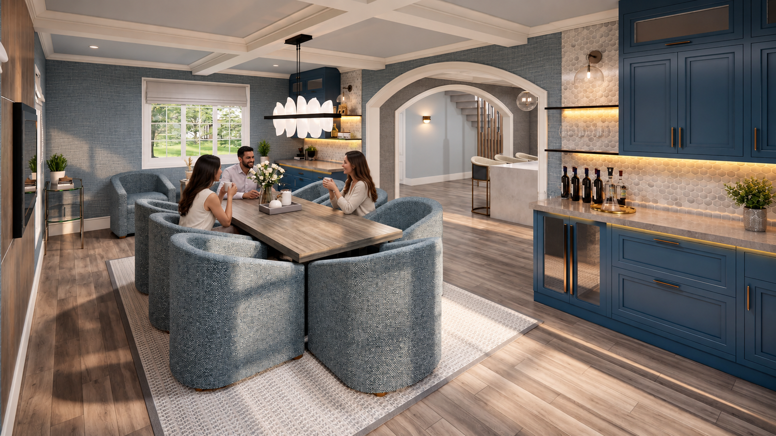 Modern dining room interior visualization with blue cabinetry, upholstered dining chairs, wooden dining table, open archway, and soft ambient lighting — photorealistic interior 3D rendering.