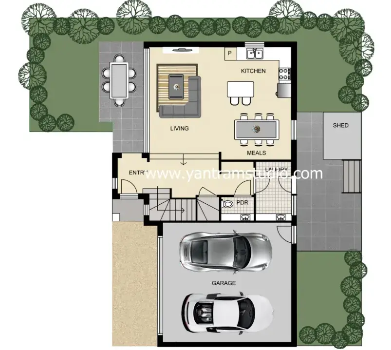 Compact Modern Home Floor Plan Rendering | Residential Architectural Visualization Architectural top view floor plan of a modern home with garage parking, living room, kitchen, and landscaped outdoor area.