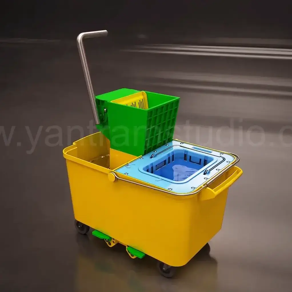Yellow commercial cleaning mop bucket trolley with blue wringer insert, green removable basket, wheels, and metal handle for industrial floor maintenance.