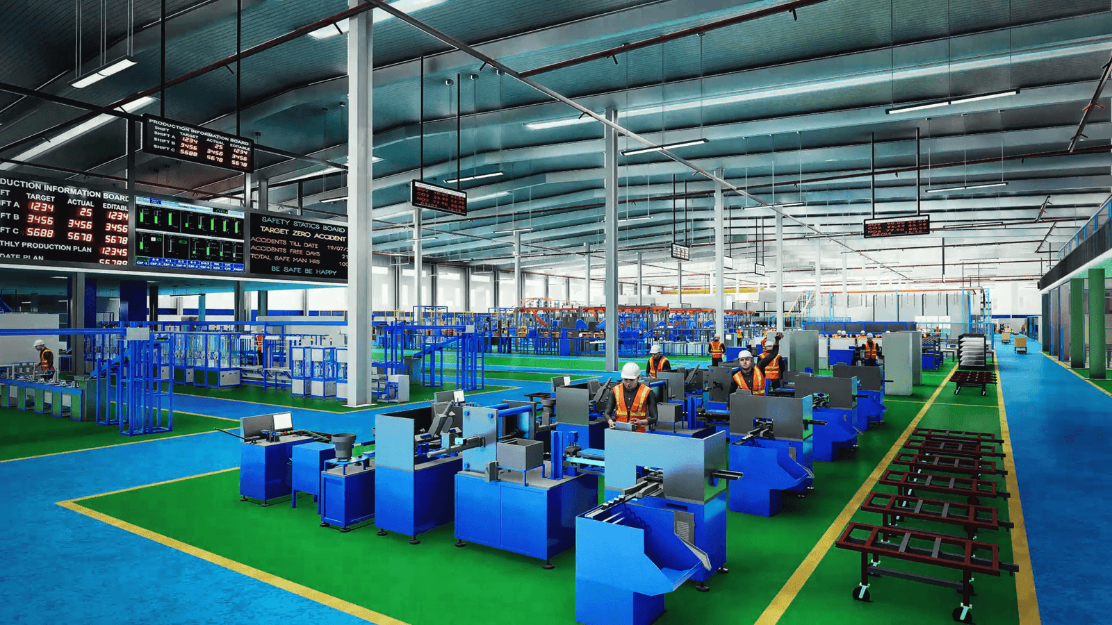 Manufacturing facility interior with blue floor, blue equipment stations and overhead infrastructure.