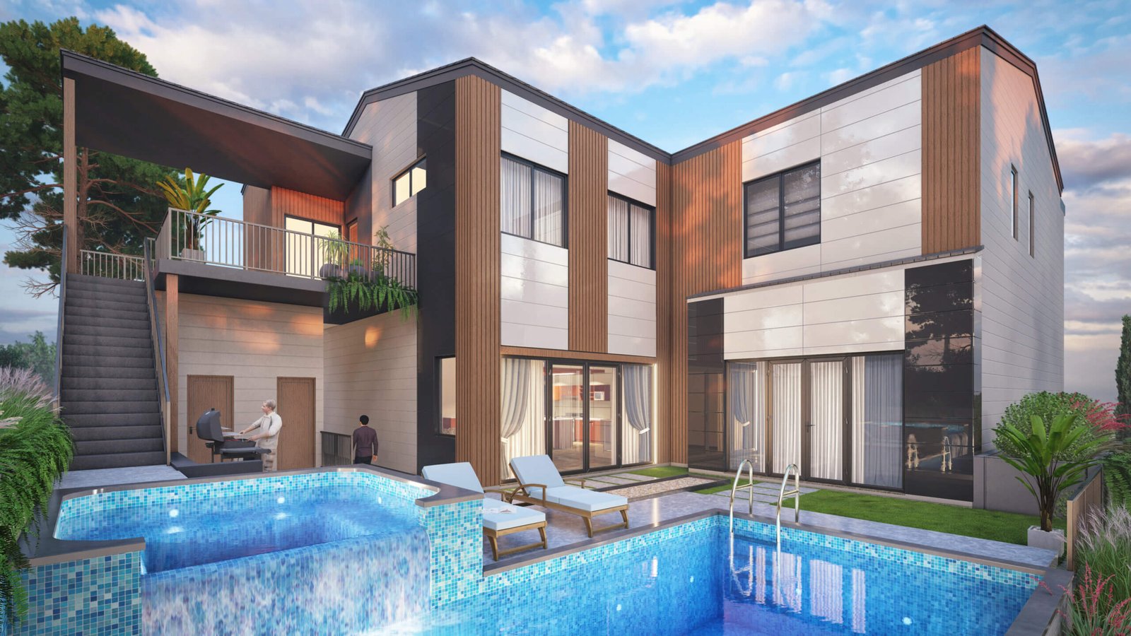 Modern two-story luxury villa with infinity-edge swimming pool, wood and concrete façade, glass railings, and evening ambient lighting. – 3D architectural visualization by Yantram Studio