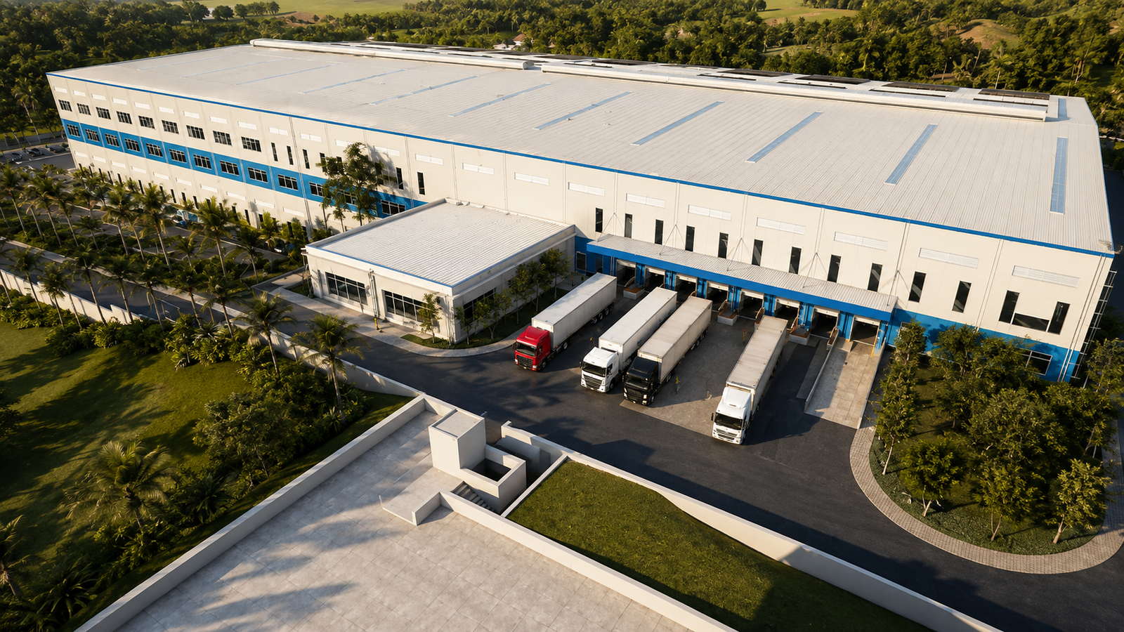 Garden-level view of warehouse entrance with loading area, landscaping and parking access