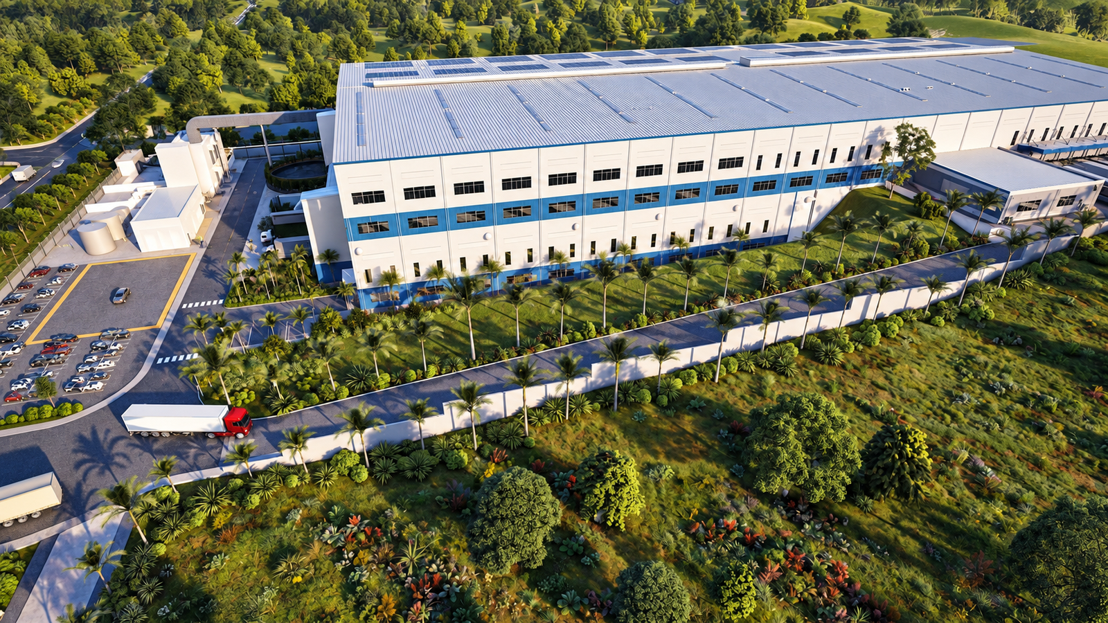 Large logistics distribution warehouse with multiple loading docks, truck bays, parking areas, and surrounding landscape in aerial 3D rendering. – 3D exterior rendering by Yantram Studio