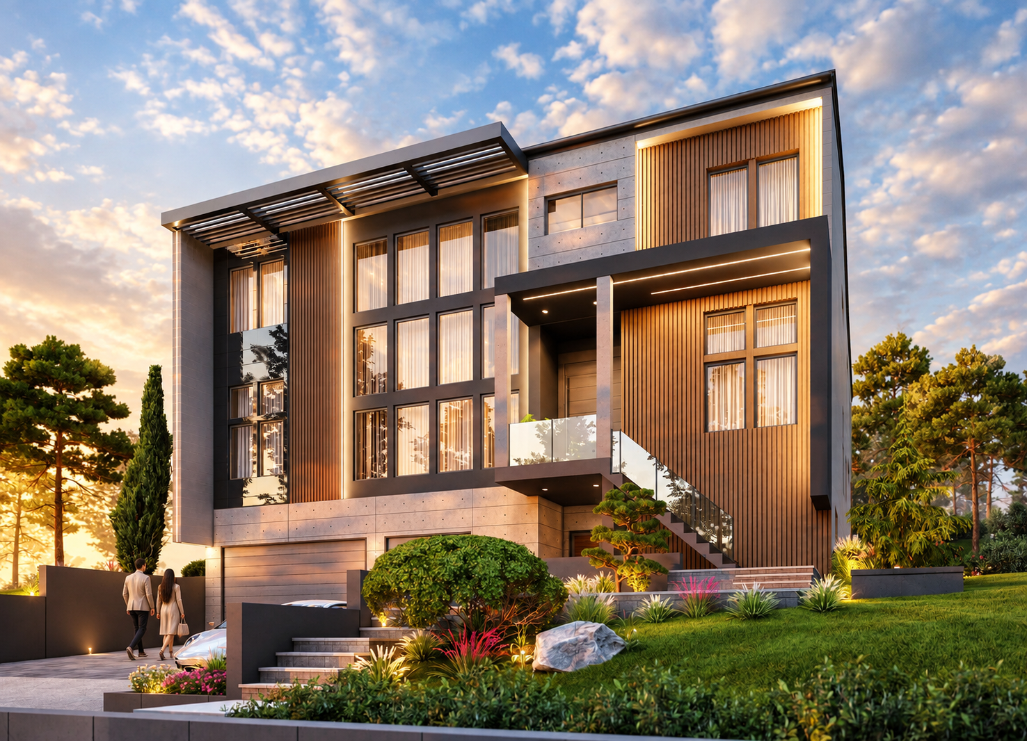 Modern two-story home with vertical wood cladding, large glass windows, elevated entrance steps, landscaped front yard, and minimalist concrete detailing.