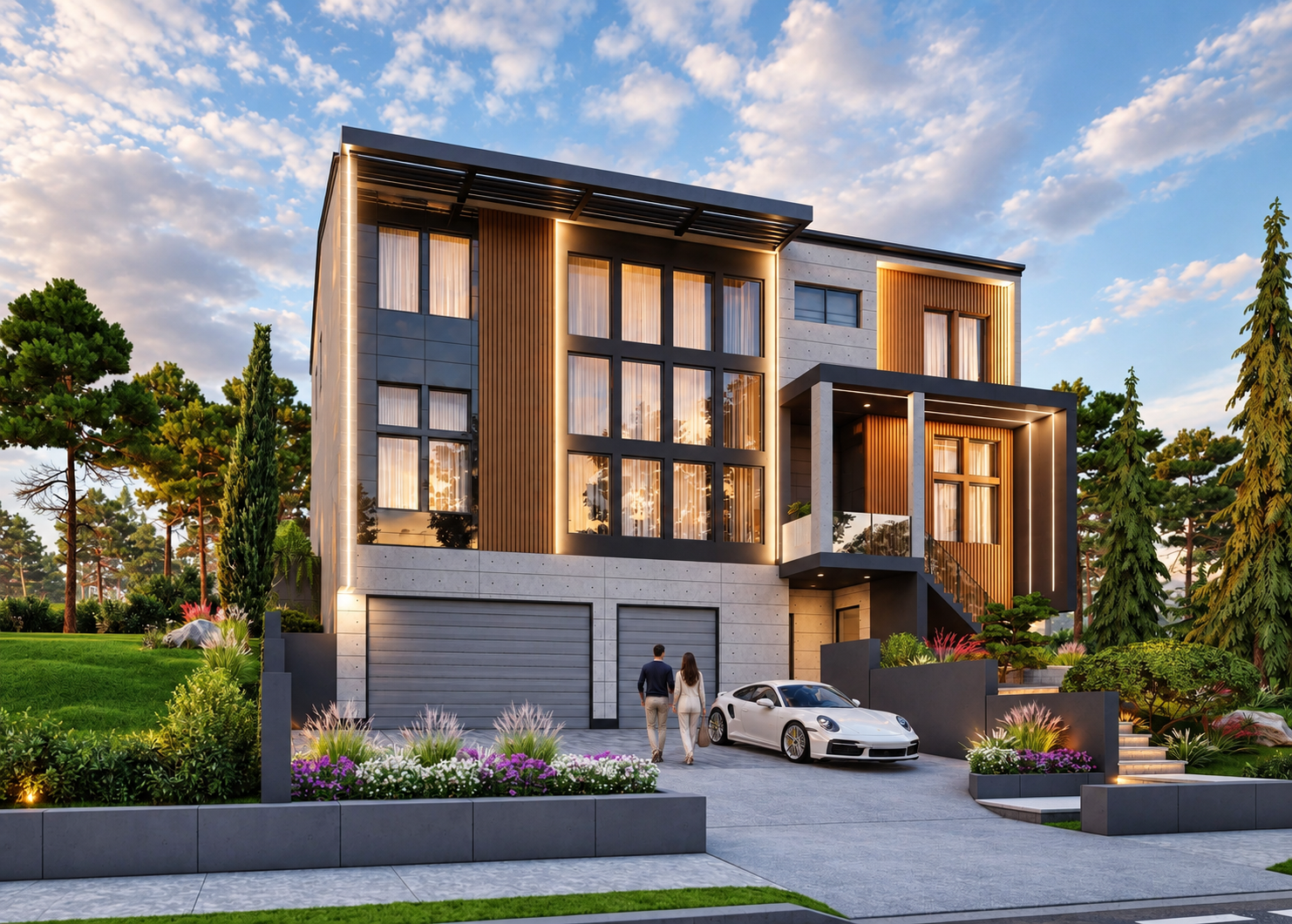 Modern three-story house with wood and concrete façade, large vertical windows, double garage, landscaped front yard, and contemporary exterior lighting.