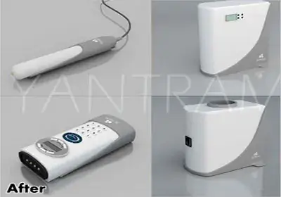 Modern Compact Electronic Device – Multi-View Product Rendering White compact electronic device shown in multiple views including handheld remote-style unit and wall-mounted base unit with digital display.