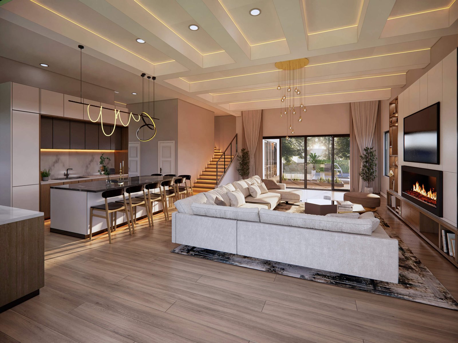 Modern open plan living room with coffer ceiling integrated fireplace and kitchen bar in Georgetown USA