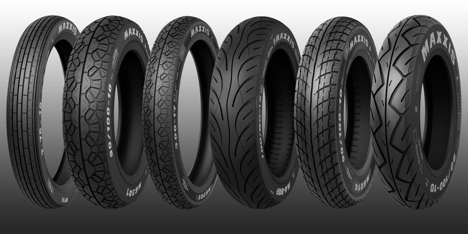Premium Tire Collection – Multi-Tread Performance Range Collection of six automotive tires displayed side by side, featuring different tread patterns for highway, all-terrain, performance, and off-road applications.