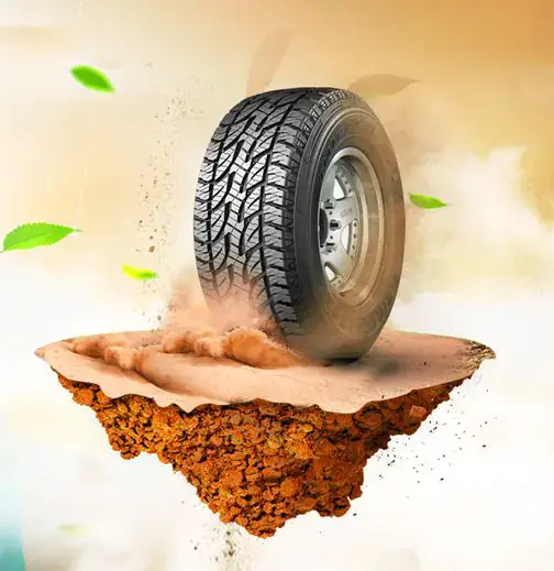 All-Terrain Performance Tire – Dynamic Product Rendering All-terrain car tire mounted on rim, displayed on floating soil platform with dust effect and green leaves, representing durability and off-road performance.