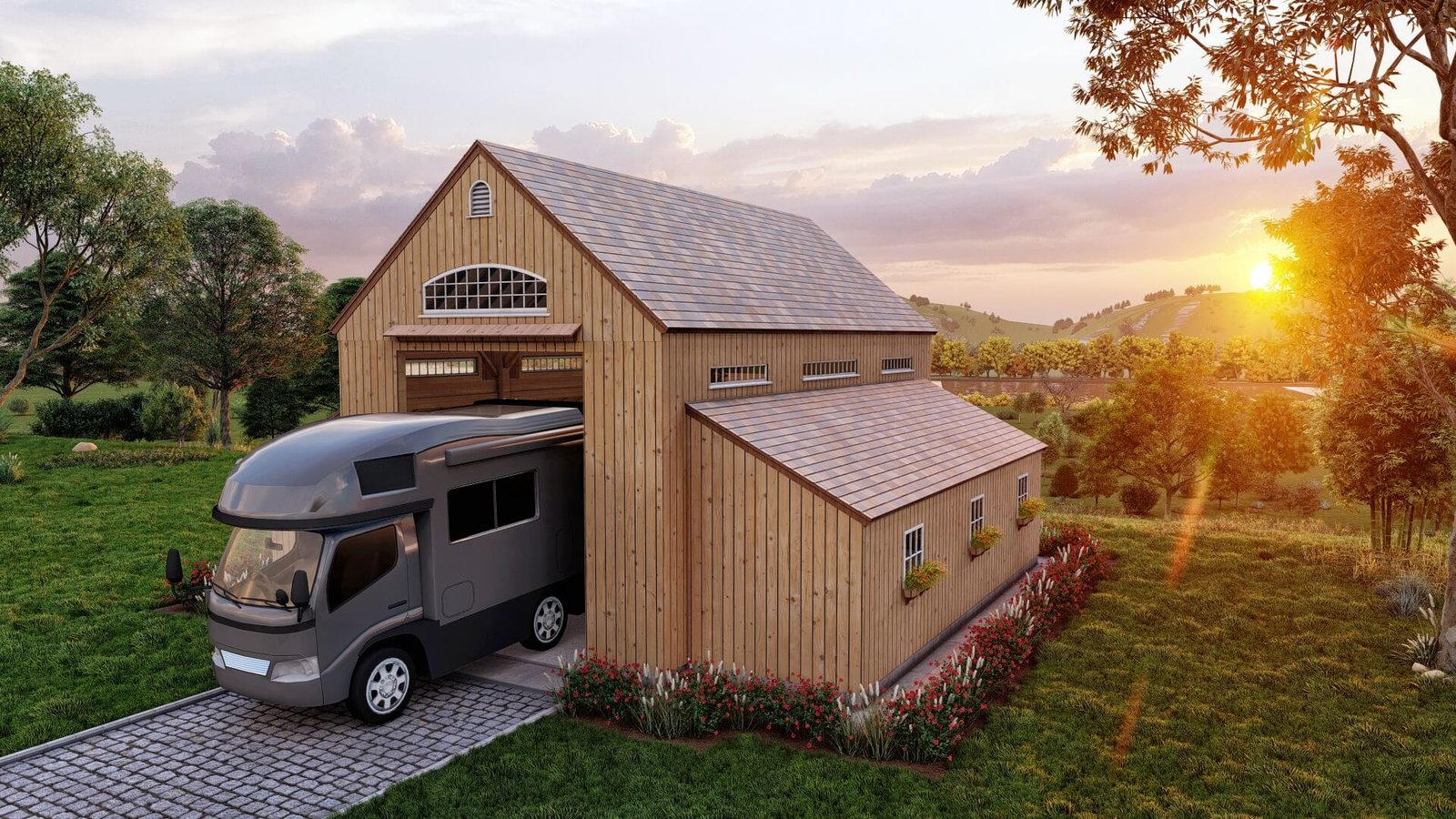 Wooden barn house exterior 3D rendering with camper van, countryside landscape, and sunset lighting. – 3D architectural visualization by Yantram Studio