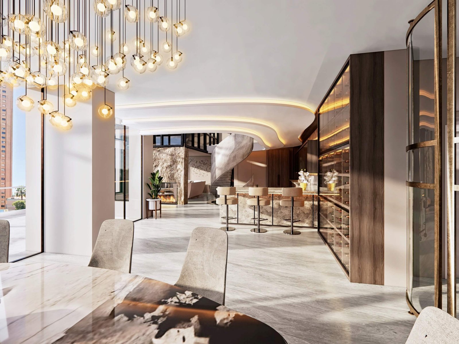 Modern luxury interior with marble flooring, curved ceiling lighting, sculptural staircase, bar seating area, glass wine display, and hanging globe pendant lights.