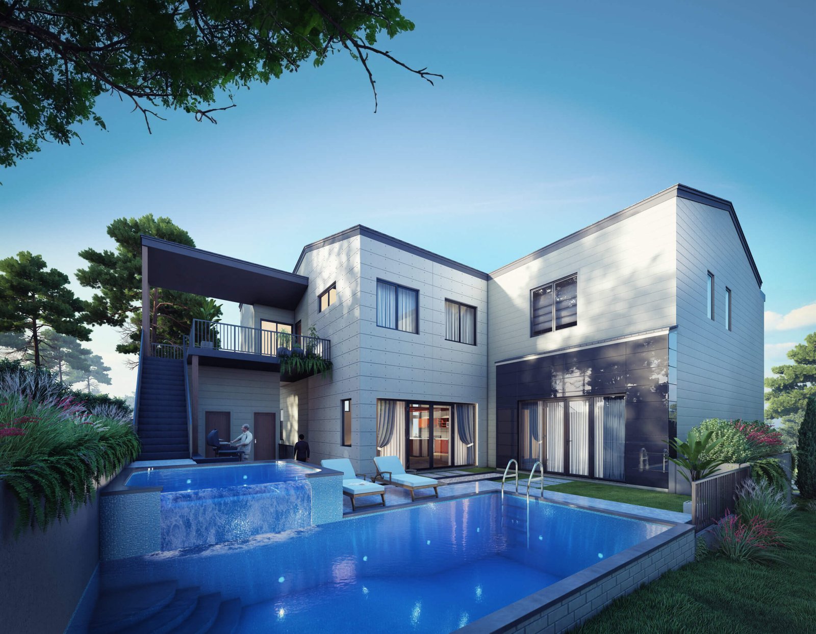 Modern two-story house with infinity-edge swimming pool, outdoor lounge chairs, balcony terrace, large glass sliding doors, and landscaped garden at dusk.