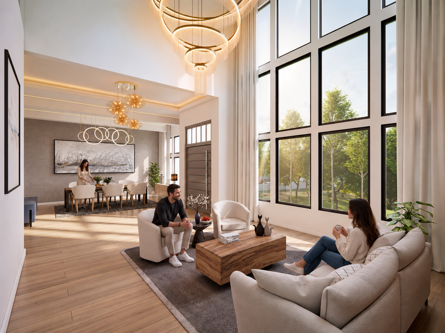 Contemporary double-height living room with large black-framed windows, neutral sofas, wooden coffee table, chandelier lighting, and open dining area.