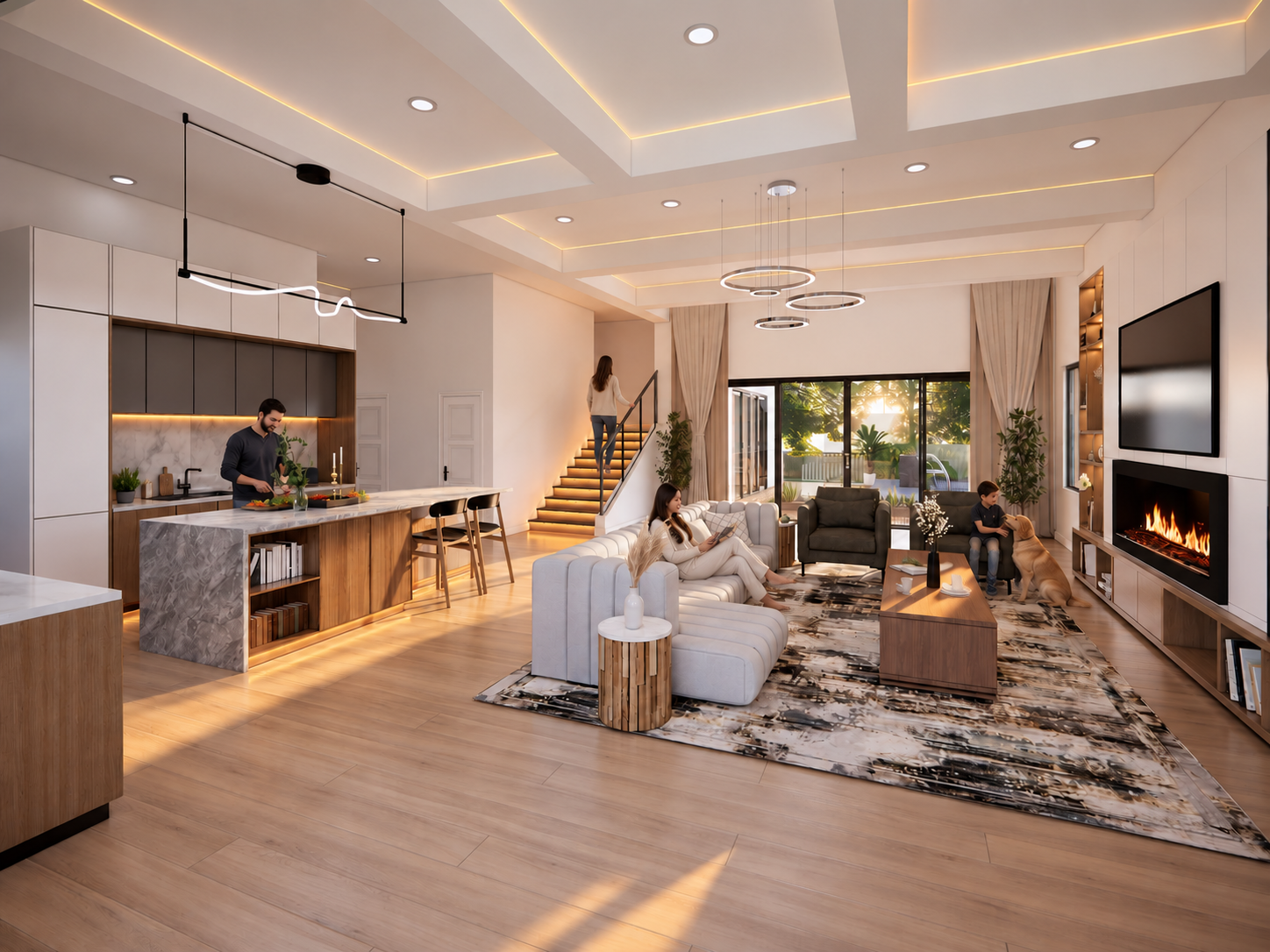 Contemporary open-plan living space with sectional sofa, marble kitchen island, wooden cabinetry, modern staircase, recessed ceiling lighting, and wall-mounted fireplace. – 3D architectural visualization by Yantram Studio