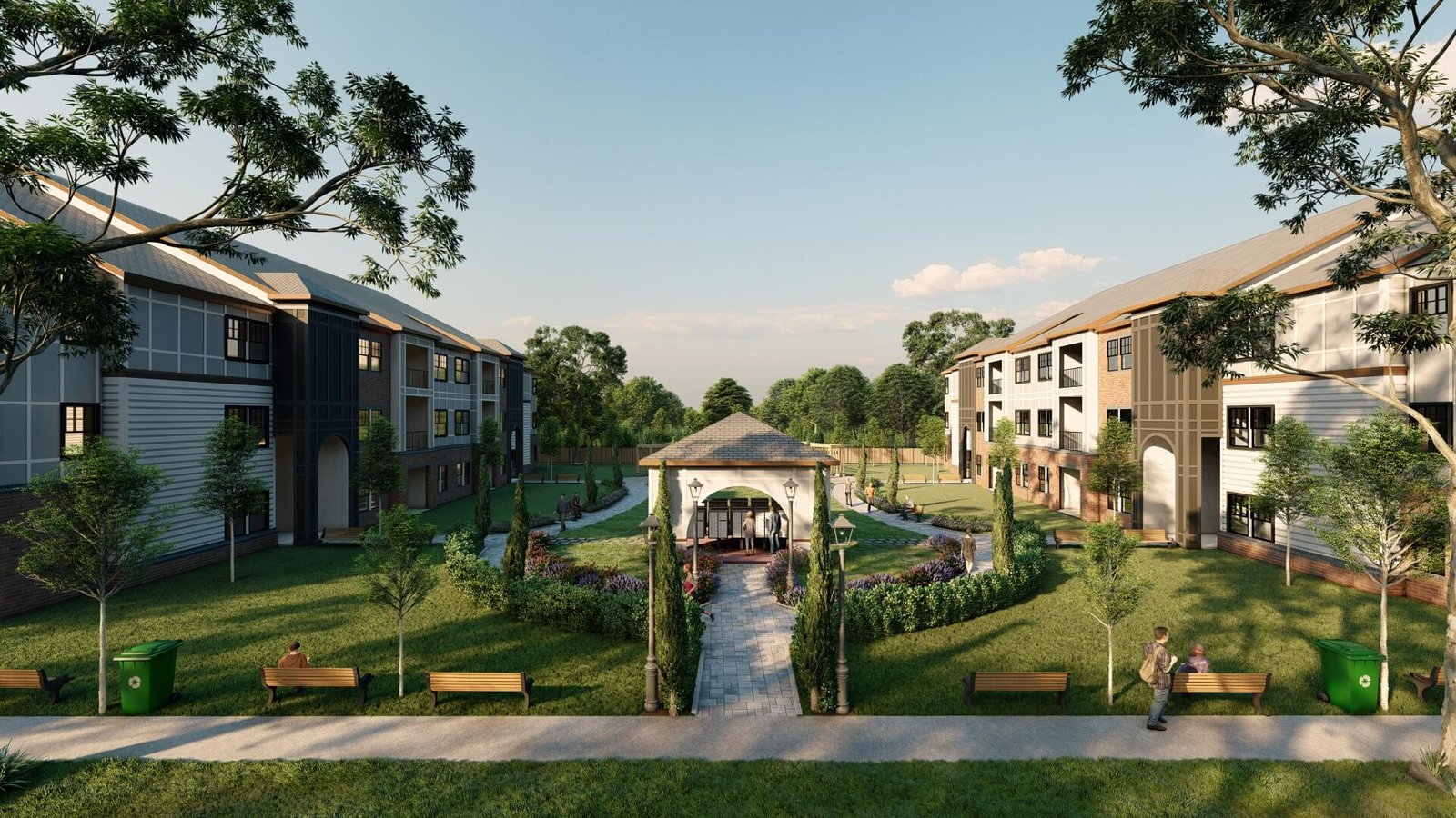 Residential Garden Walkway and Pavilion – 3D Exterior Rendering Modern apartment complex garden walkway with landscaped greenery and pavilion in photorealistic architectural rendering.